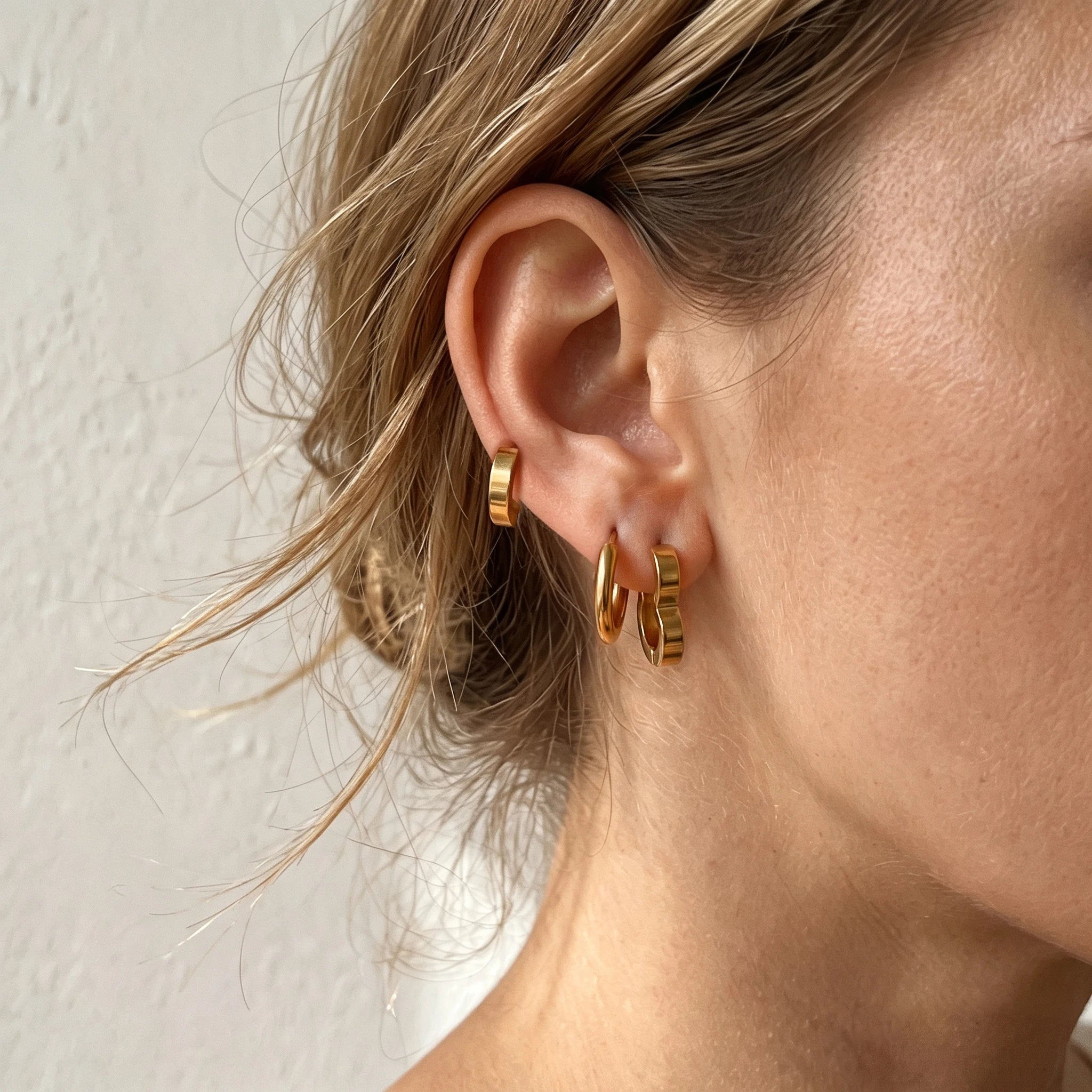 QIAOREN 14474 3 Pair Gold Stainless Steel Huggie Hoop Earrings Set, Flat Square, Thick Round & Wavy Shape