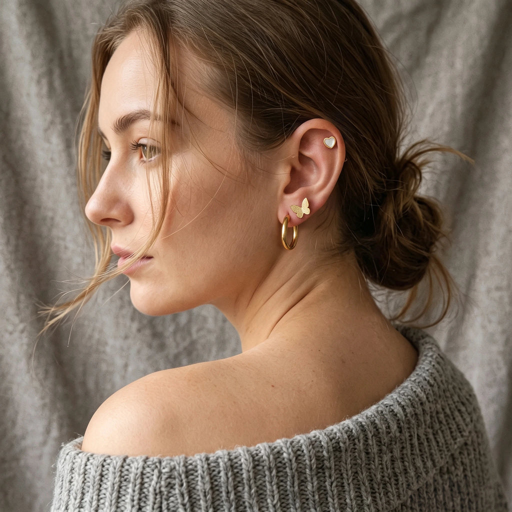 QIAOREN 14484 3 Pairs Gold Stainless Steel Earrings Set, Frosted Butterfly Studs, Shell Heart Studs & Minimalist Huggie Hoop Ear