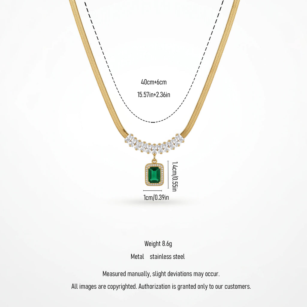 QIAOREN 13471 Luxury Flat Snake Chain Necklace with Marquise Crystal Accents & Halo Rectangle Emerald Pendant Necklace