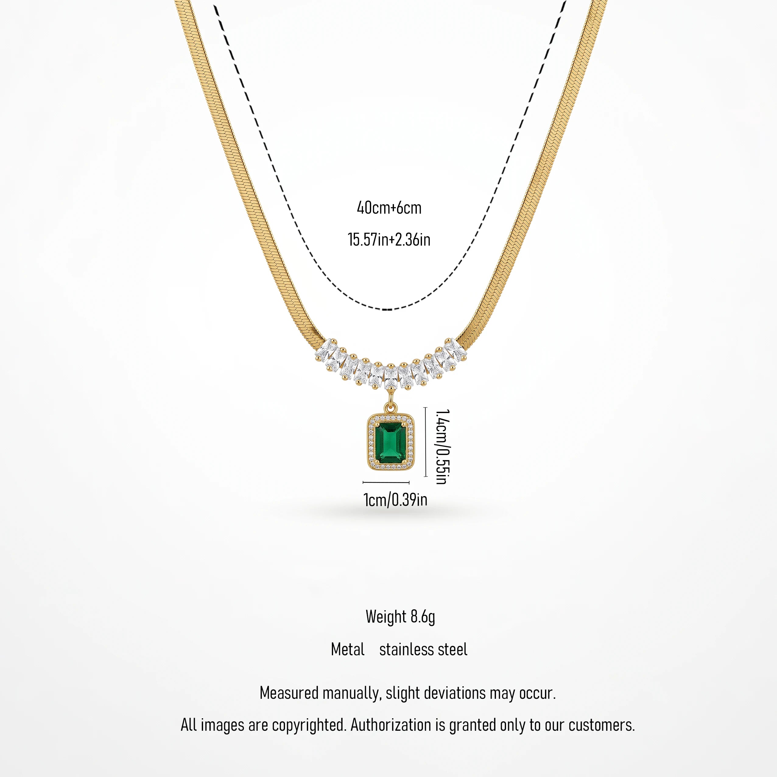 QIAOREN 13471 Luxury Flat Snake Chain Necklace with Marquise Crystal Accents & Halo Rectangle Emerald Pendant Necklace