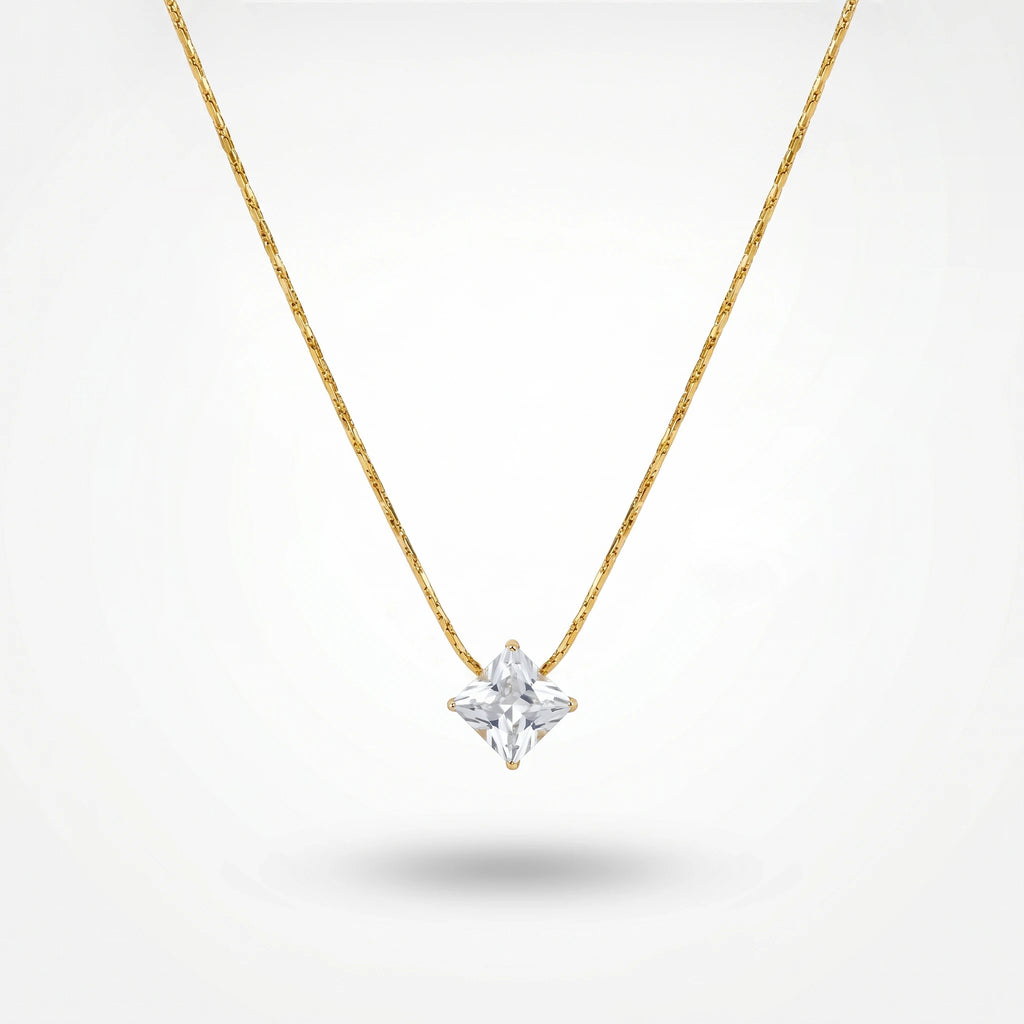 QIAOREN 13170 Stainless Steel Princess Cut CZ Pendant Necklace Gold Plated Elegant Solitaire Jewelry for Women