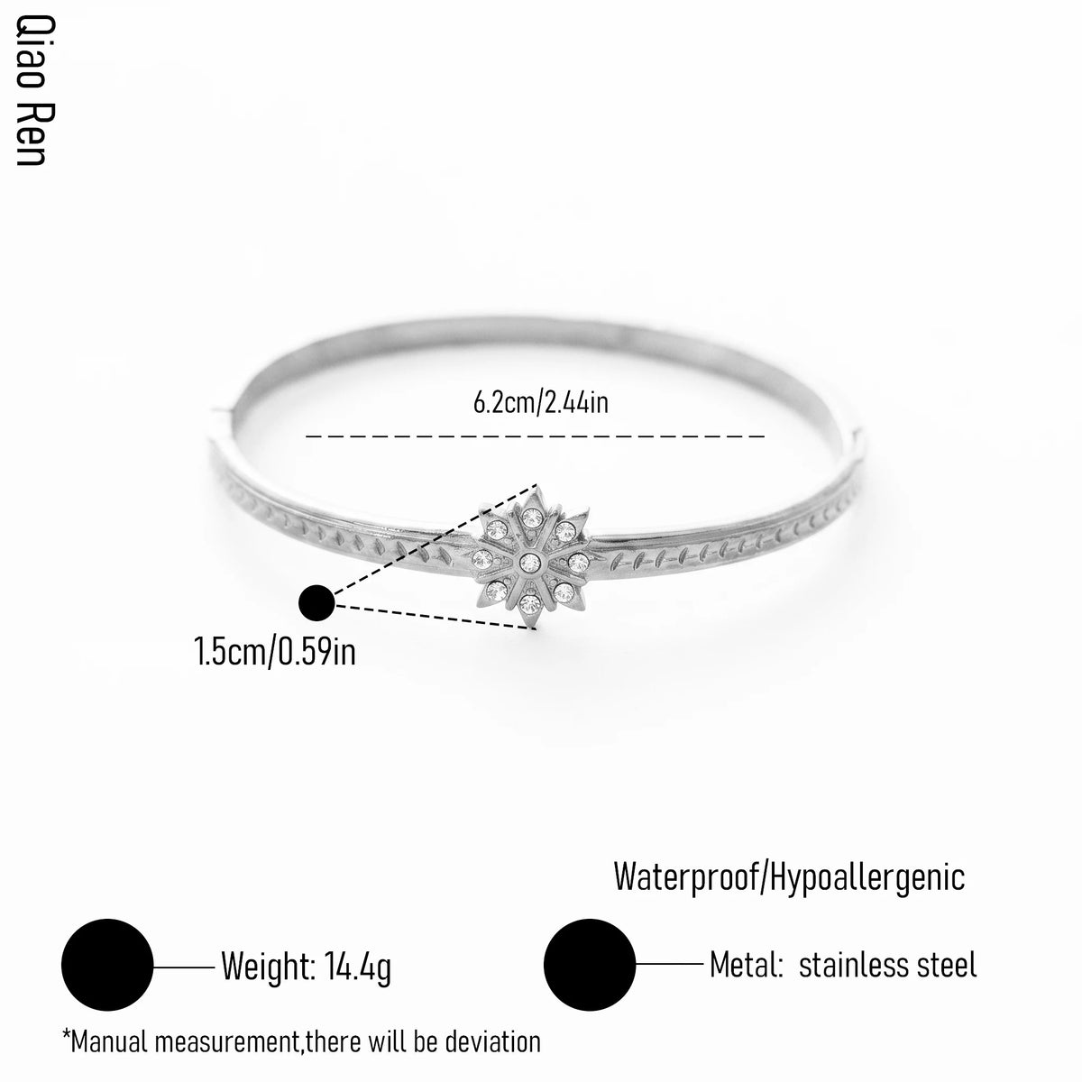 QIAOREN 14110 Stainless Steel Sunburst Hinged Bangle Bracelet Waterproof Hypoallergenic CZ Jewelry OEM ODM