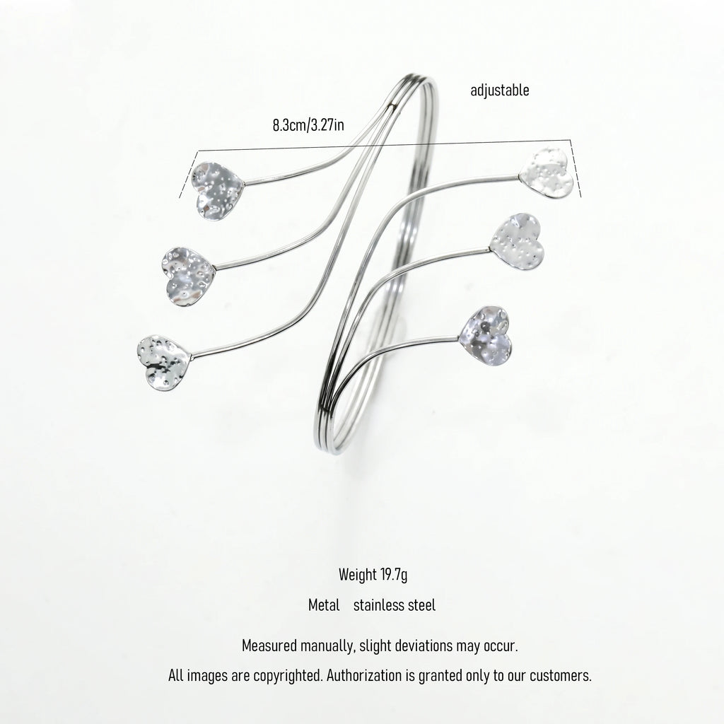 QIAOREN 12807 Trend Romantic Multi Heart Open Cuff Bangle Stainless Steel Silver Adjustable Daily Jewelry