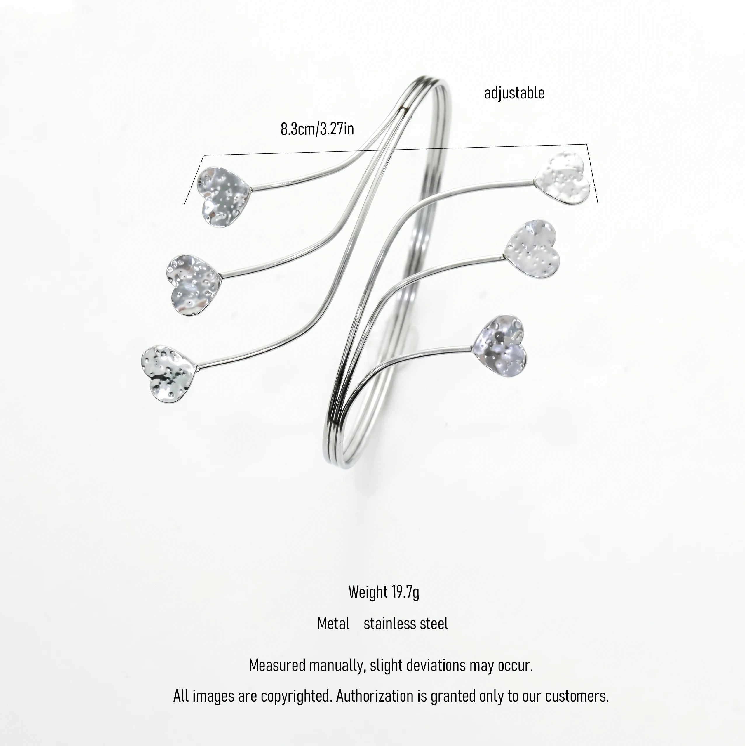 QIAOREN 12807 Trend Romantic Multi Heart Open Cuff Bangle Stainless Steel Silver Adjustable Daily Jewelry