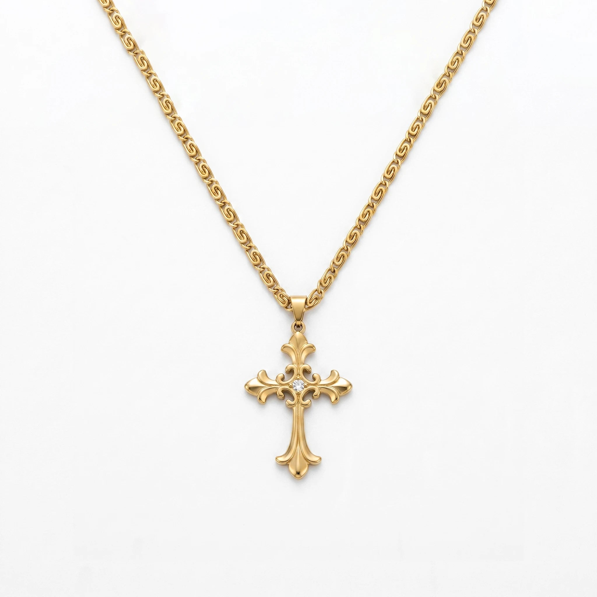 QIAOREN 11969 Wholesale 18K Gold Plated Stainless Steel Cross Pendant Necklace Vintage Engraved Floral Link Chain Engagement
