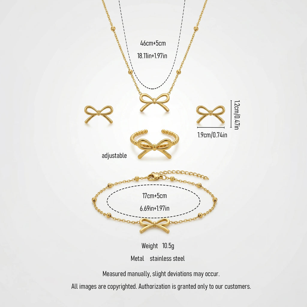 QIAOREN 11583 Tarnish Free 18K Gold Stainless Steel Bow Jewelry Set 4PCS Necklace Bracelet Ring Stud Earrings