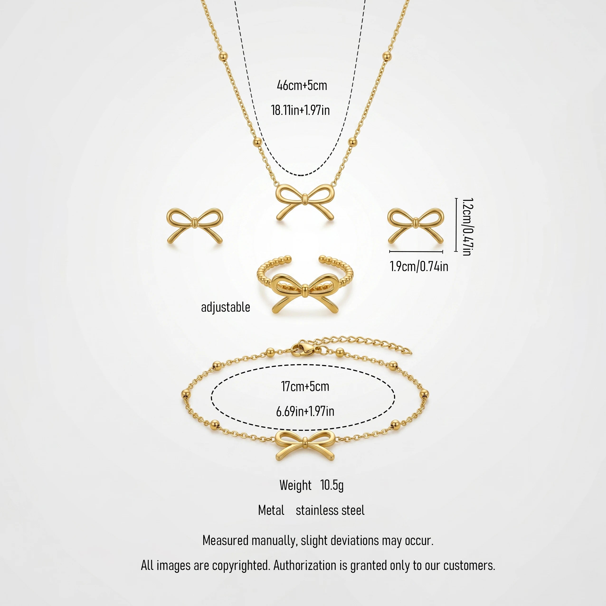 QIAOREN 11583 Tarnish Free 18K Gold Stainless Steel Bow Jewelry Set 4PCS Necklace Bracelet Ring Stud Earrings