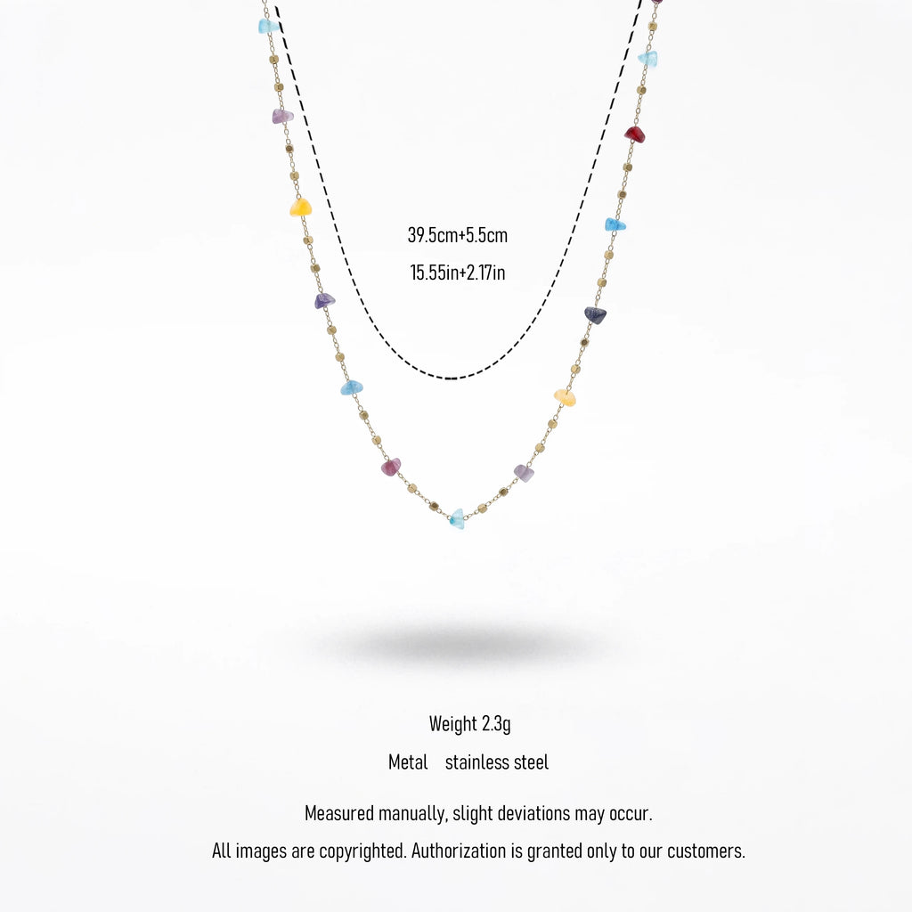 QIAOREN 13541 Dainty Mixed Color Irregular Natural Chip Stone Station Necklace, Tiny Multicolor Crystal Chain Necklace