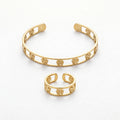 QIAOREN 10915 18K Gold Plated Clover Cuff Bracelet & Ring Set Trendy Stainless Steel Hypoallergenic Waterproof Jewelry for Women