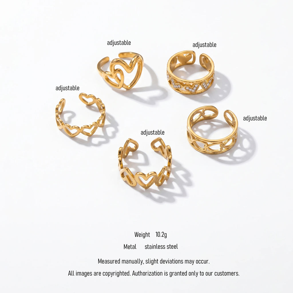 QIAOREN 10713 Stainless Steel Gold Adjustable Open Rings Multi Hollow Heart Zircon Stack Finger Jewelry For Women