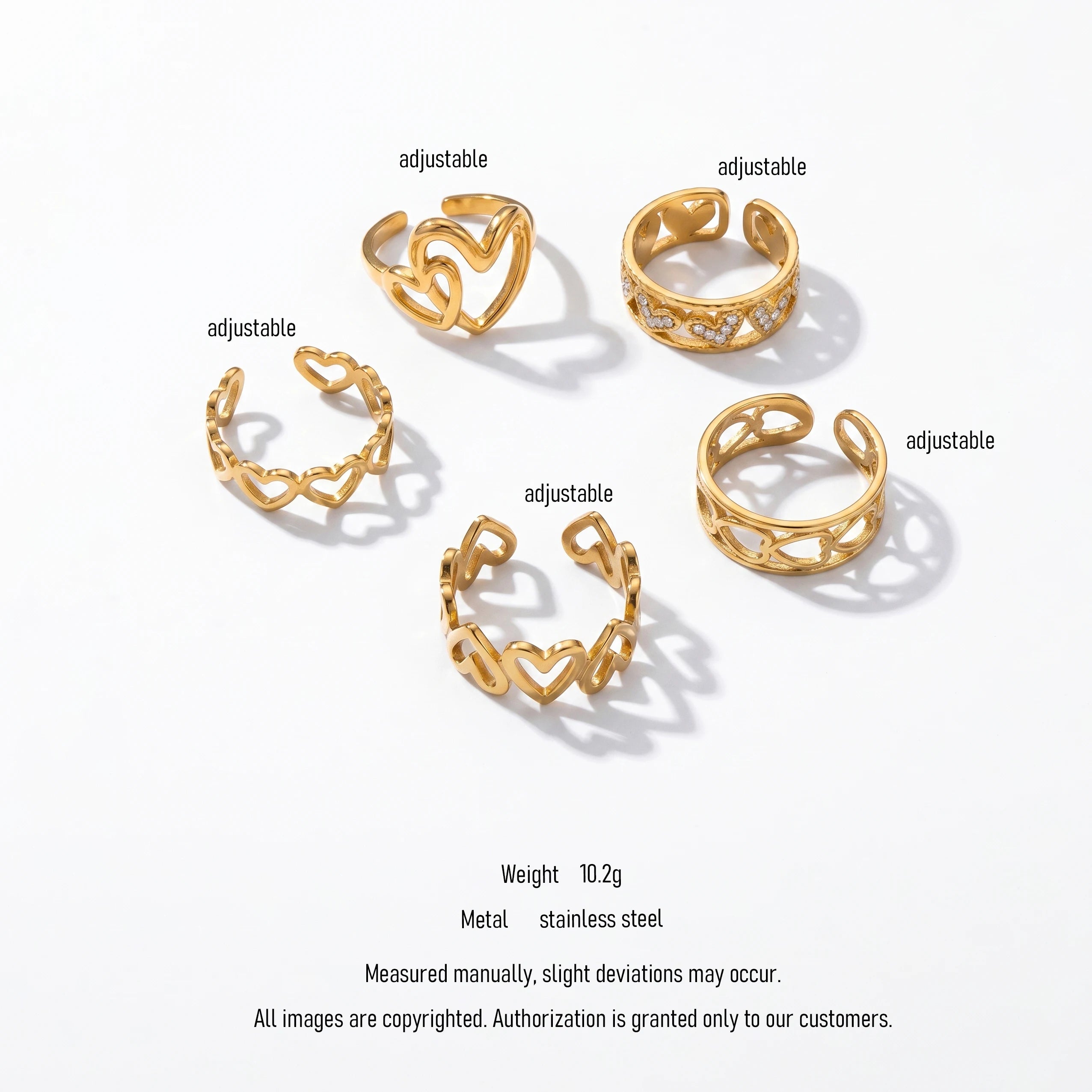 QIAOREN 10713 Stainless Steel Gold Adjustable Open Rings Multi Hollow Heart Zircon Stack Finger Jewelry For Women