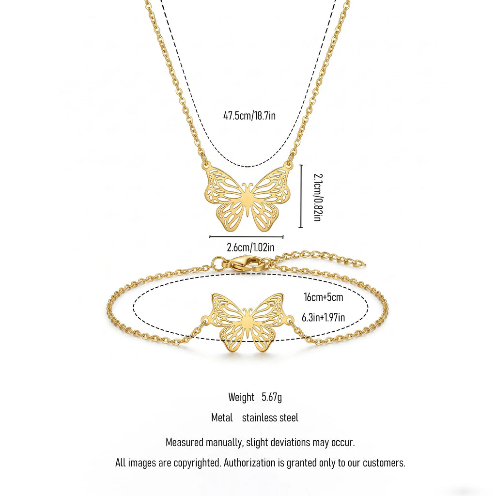 QIAOREN 12234 Trendy 2Pcs Hollow Butterfly Necklace Bracelet Set Gold Stainless Steel Filigree Aesthetic Jewelry for Women US EU