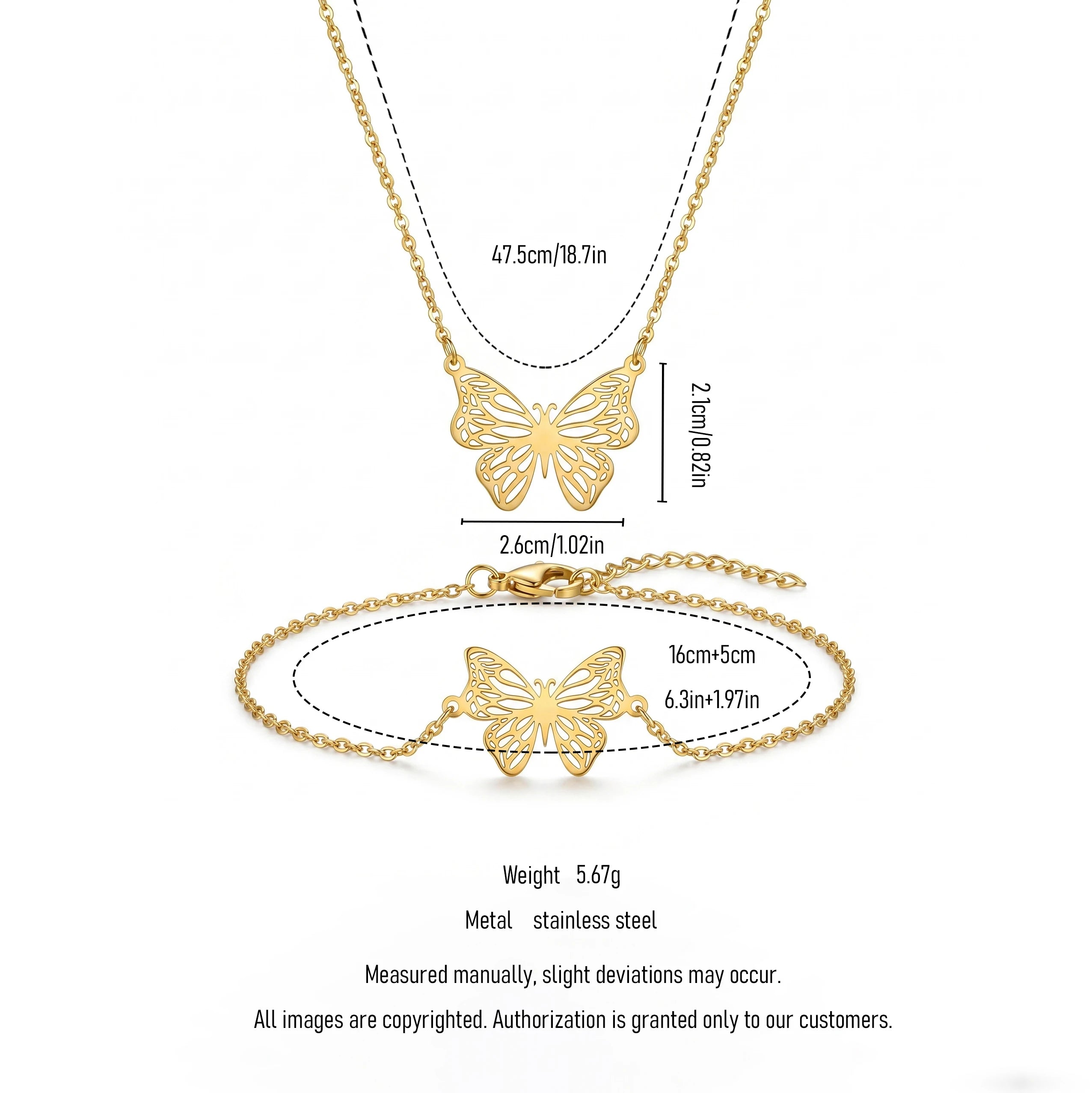 QIAOREN 12234 Trendy 2Pcs Hollow Butterfly Necklace Bracelet Set Gold Stainless Steel Filigree Aesthetic Jewelry for Women US EU
