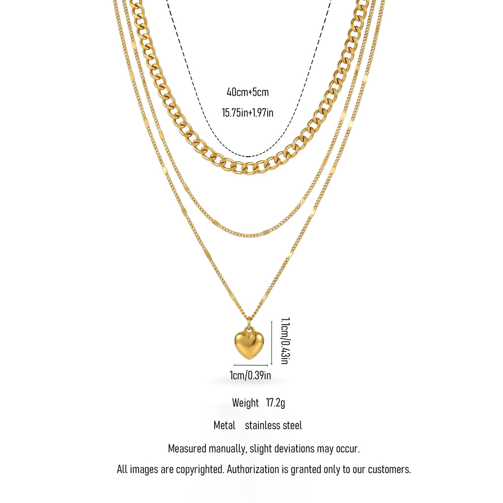 QIAOREN 11988 Europe Hot Hypoallergenic Stainless Steel 3 Tier Stacked Necklace Mixed Link Chain Heart Charm Layered Necklaces