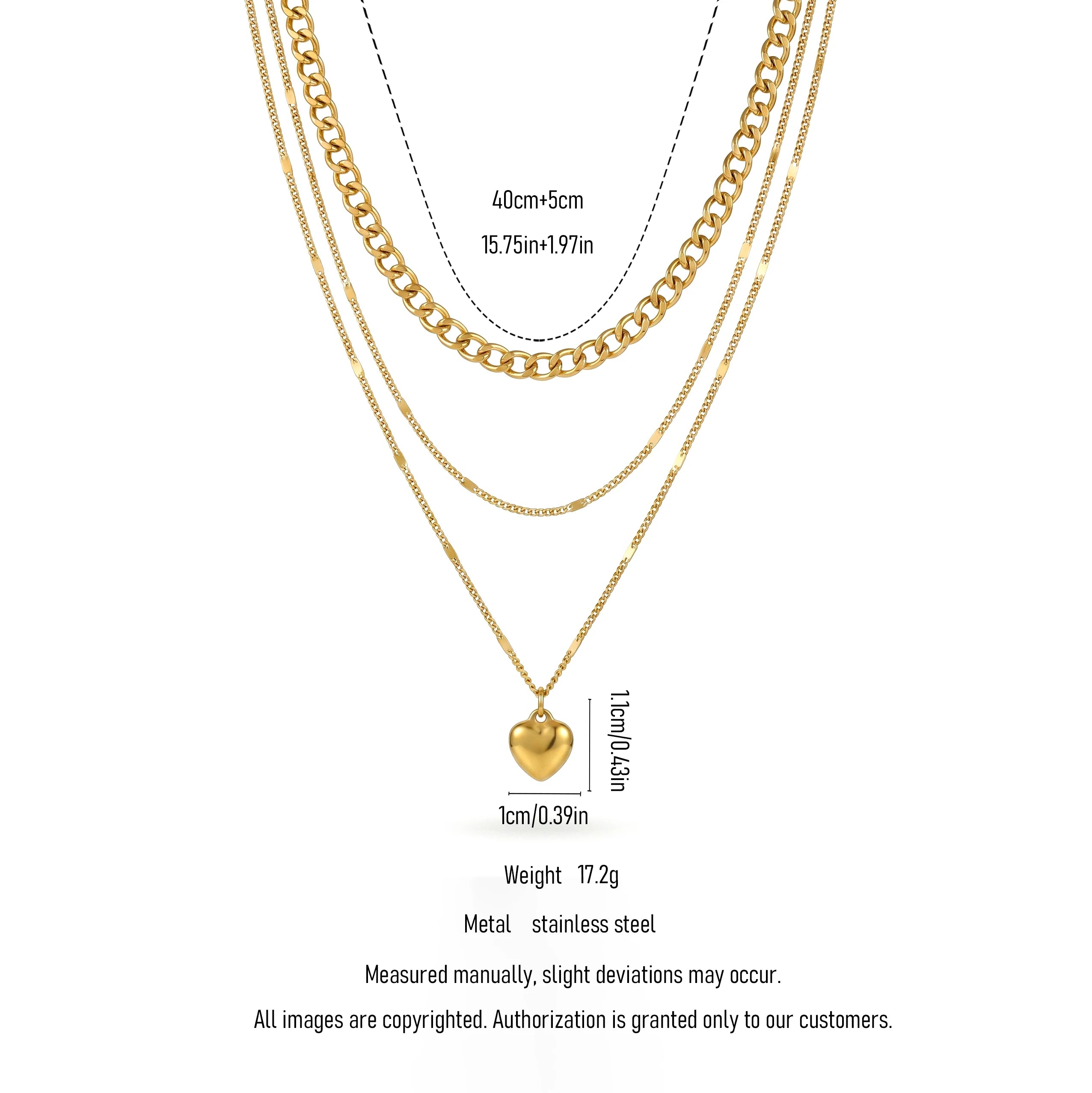 QIAOREN 11988 Europe Hot Hypoallergenic Stainless Steel 3 Tier Stacked Necklace Mixed Link Chain Heart Charm Layered Necklaces