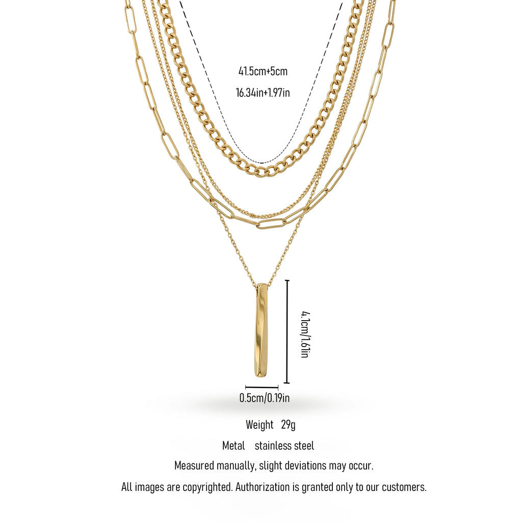 QIAOREN 11337 18K Gold Plated 4 Layered Mixed Chain Necklace With Vertical Bar Pendant Stainless Steel Tarnish Free
