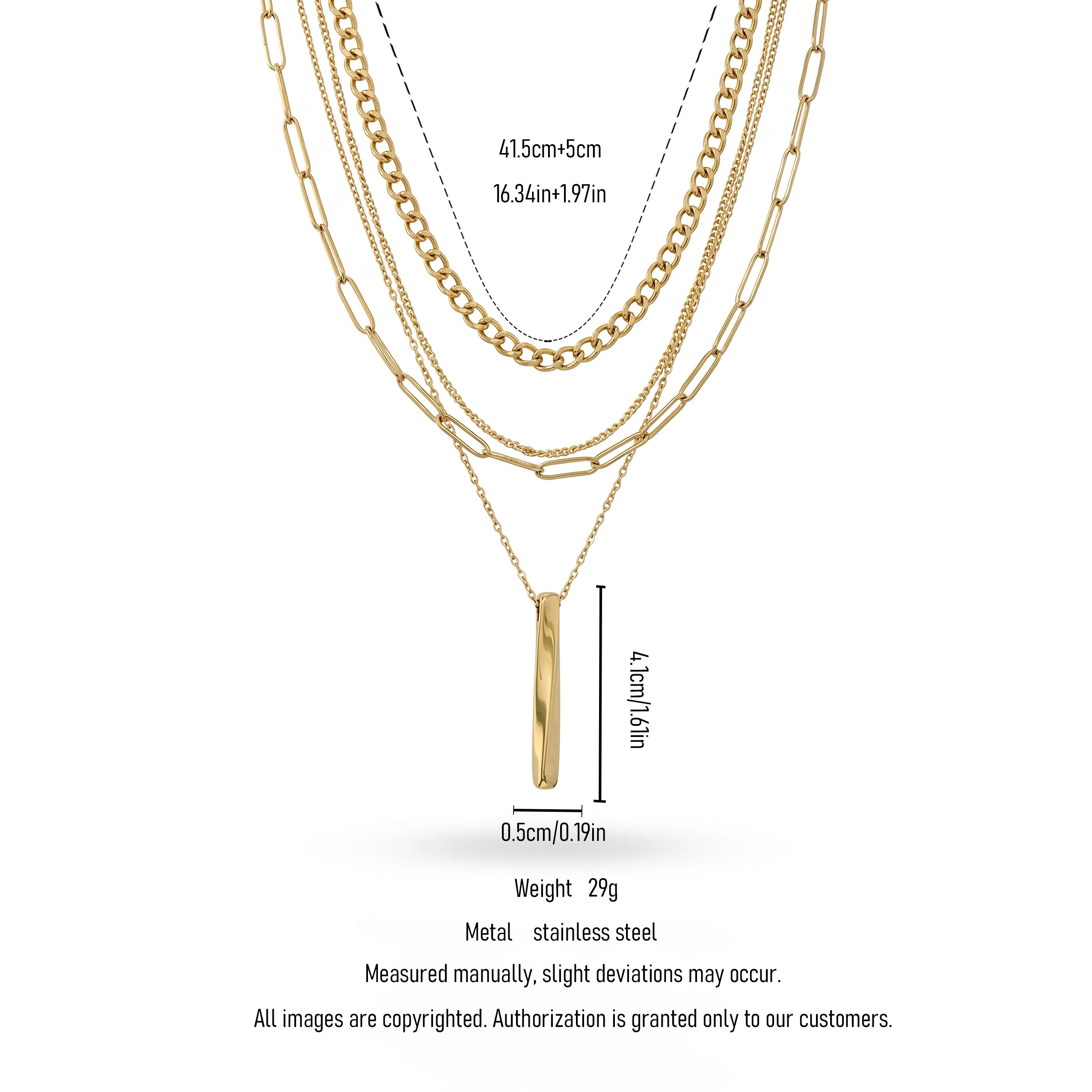 QIAOREN 11337 18K Gold Plated 4 Layered Mixed Chain Necklace With Vertical Bar Pendant Stainless Steel Tarnish Free