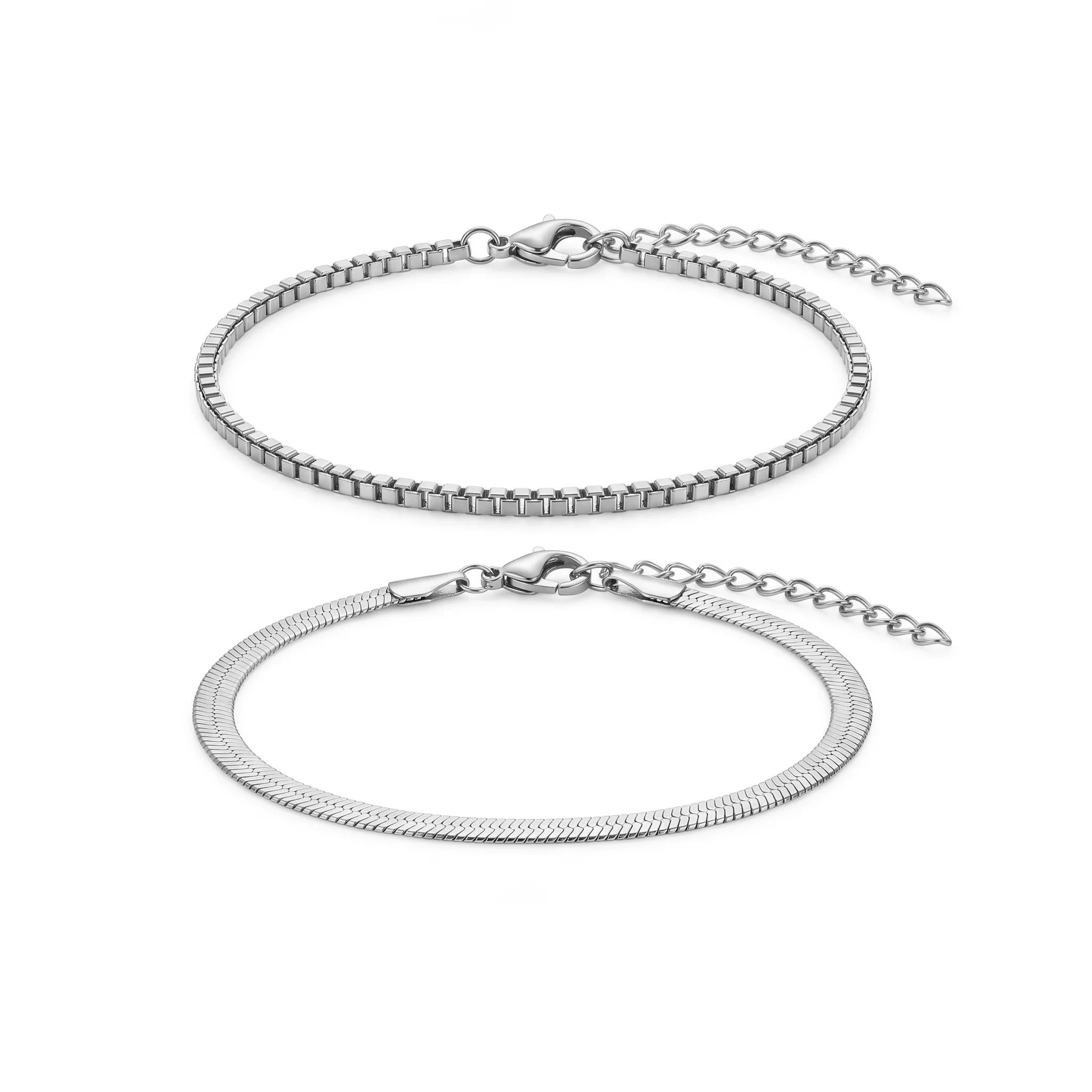 QIAOREN 11534 Minimalist Herringbone Box Chain Anklet Set 18K Gold Plated Beach Vacation Foot Jewelry