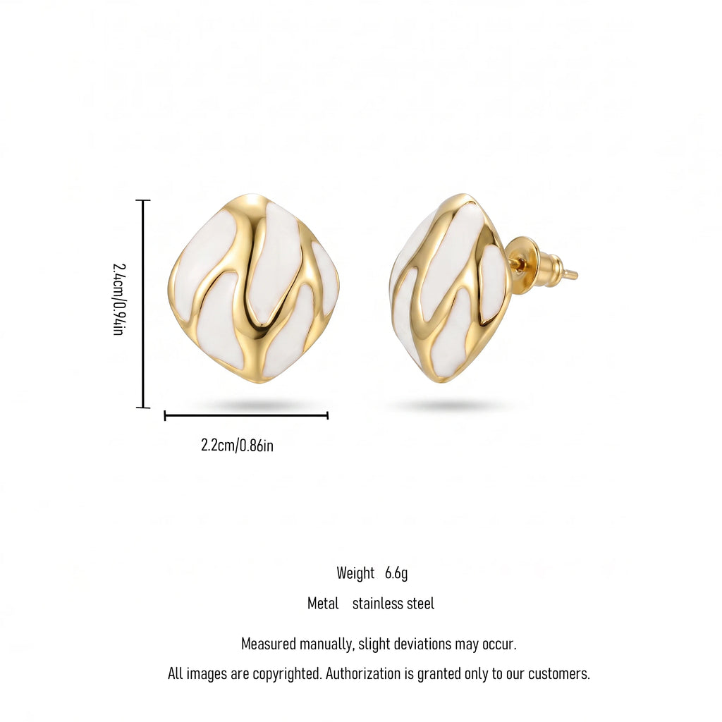QIAOREN 13647-50  Irregular Square Wave Enamel Stud Earring Set, Curved Gold Line Inlaid Gloss Resin Gold Frame