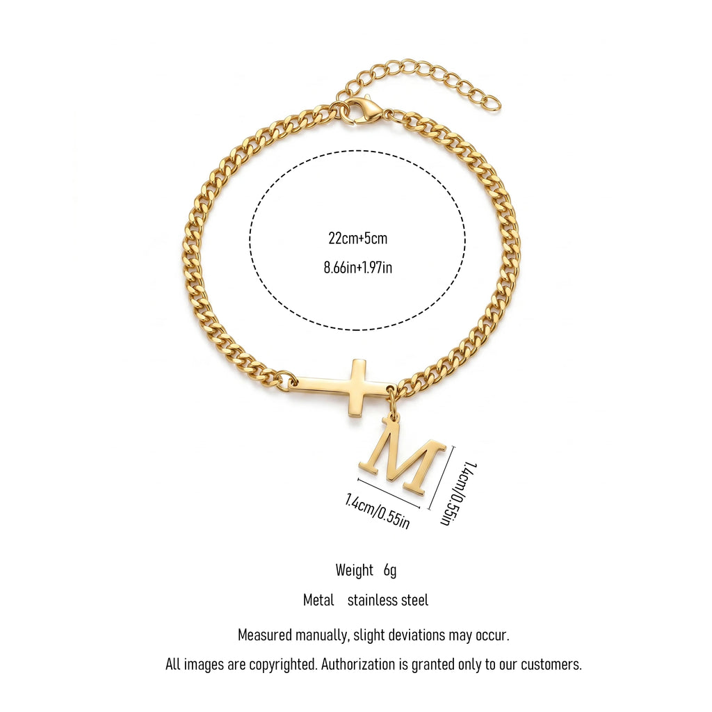 QIAOREN 11416 18K Gold Plated Side Cross & Initial Letter Anklet Stainless Steel Tarnish Free Waterproof
