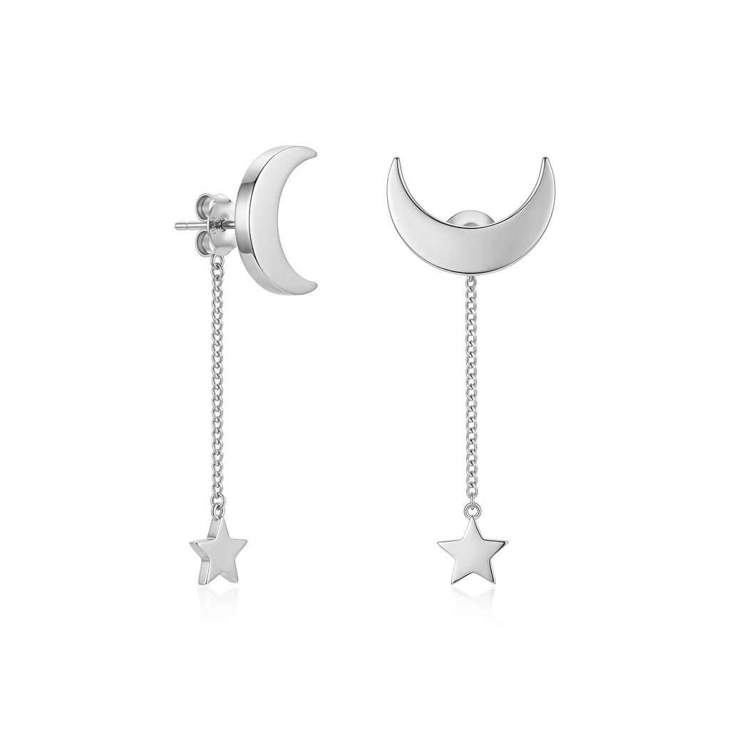 QIAOREN 10839 Dainty Moon Star Chain Drop Earrings Stainless Steel Gold Plated for Daily Wear