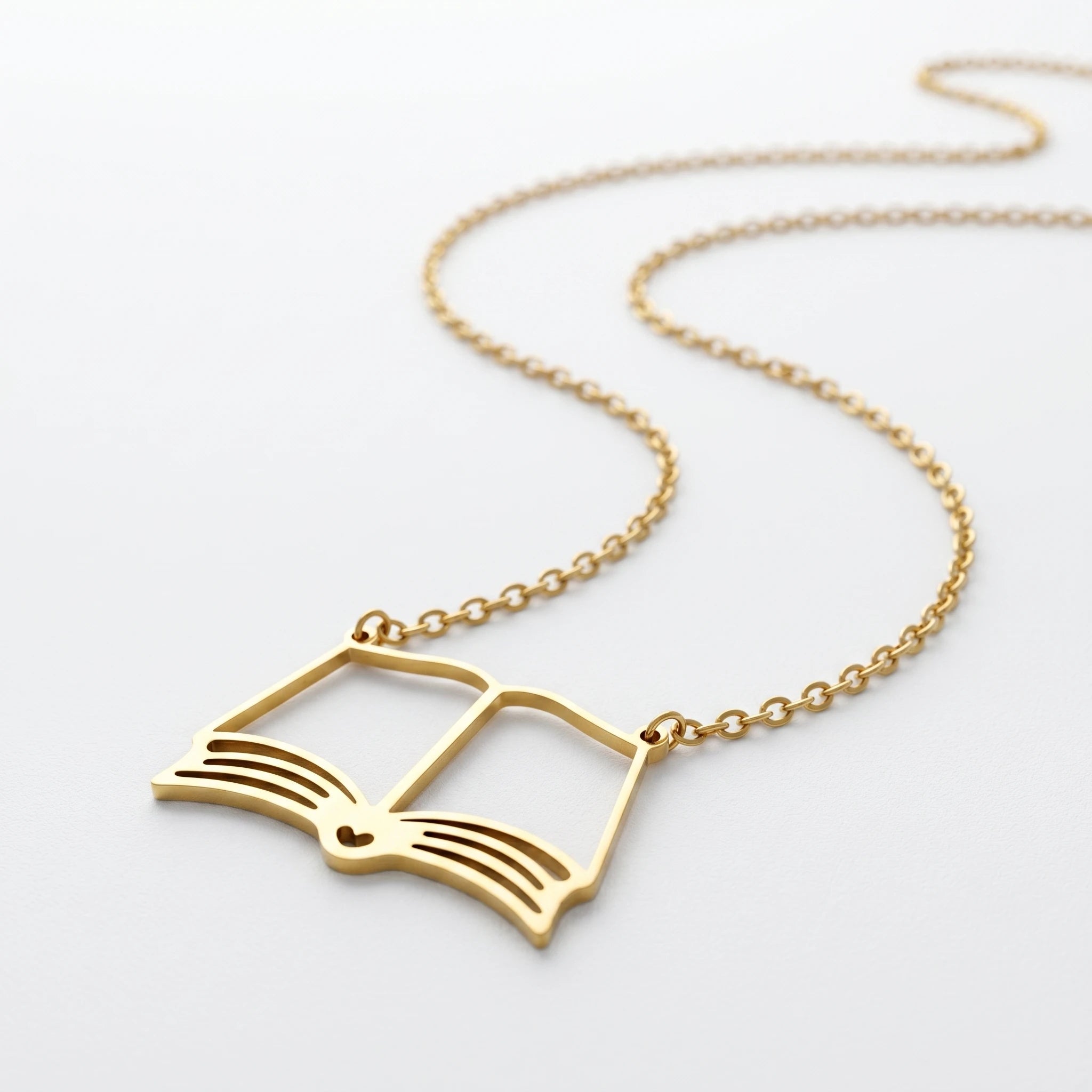 QIAOREN 10806 Hypoallergenic Gold Plated Stainless Steel Open Book Charm Necklace Unisex Dainty Trendy Everyday Bookish Jewelry