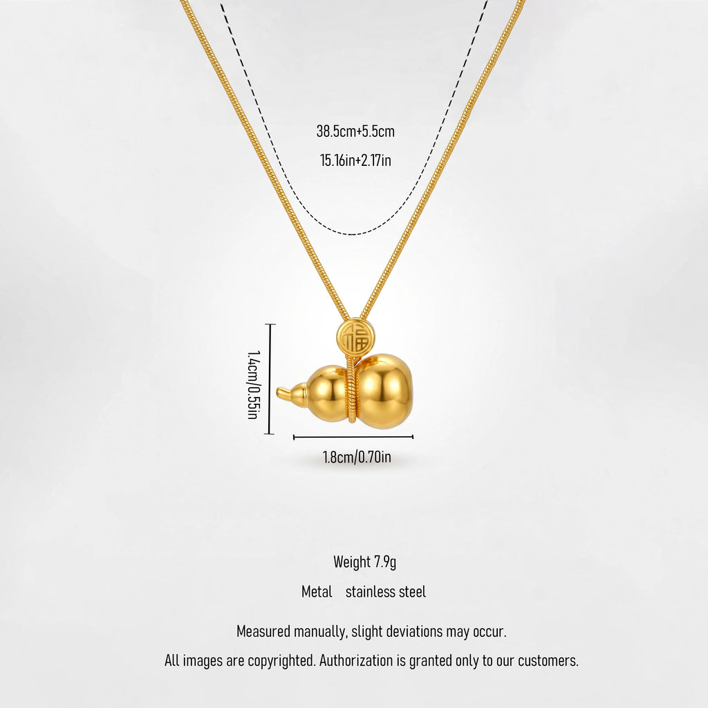 QIAOREN 13716 Snake Chain Pendant Necklace with Solid Gourd Charm Engraved Chinese Fu Character, Polished Gloss Gold