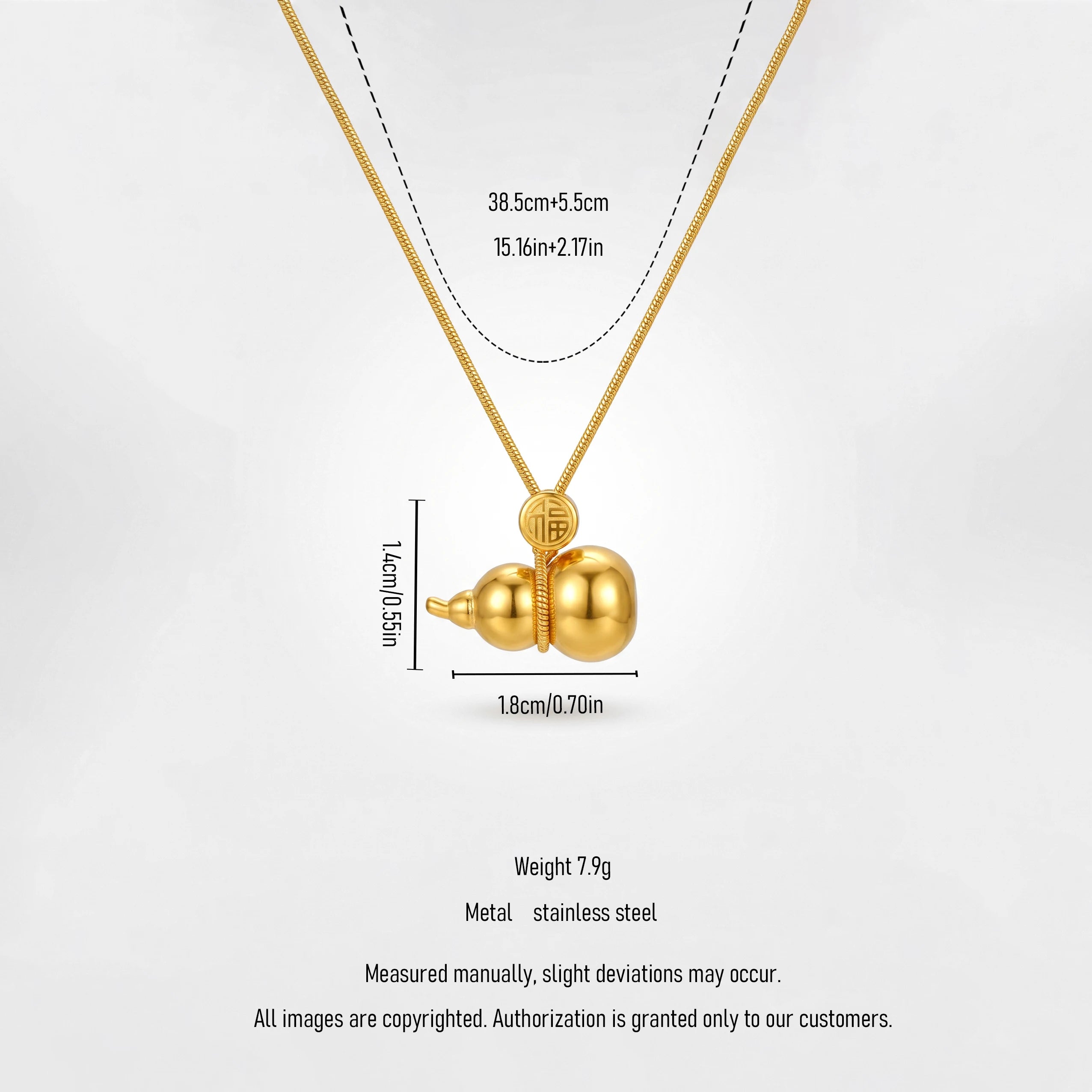 QIAOREN 13716 Snake Chain Pendant Necklace with Solid Gourd Charm Engraved Chinese Fu Character, Polished Gloss Gold