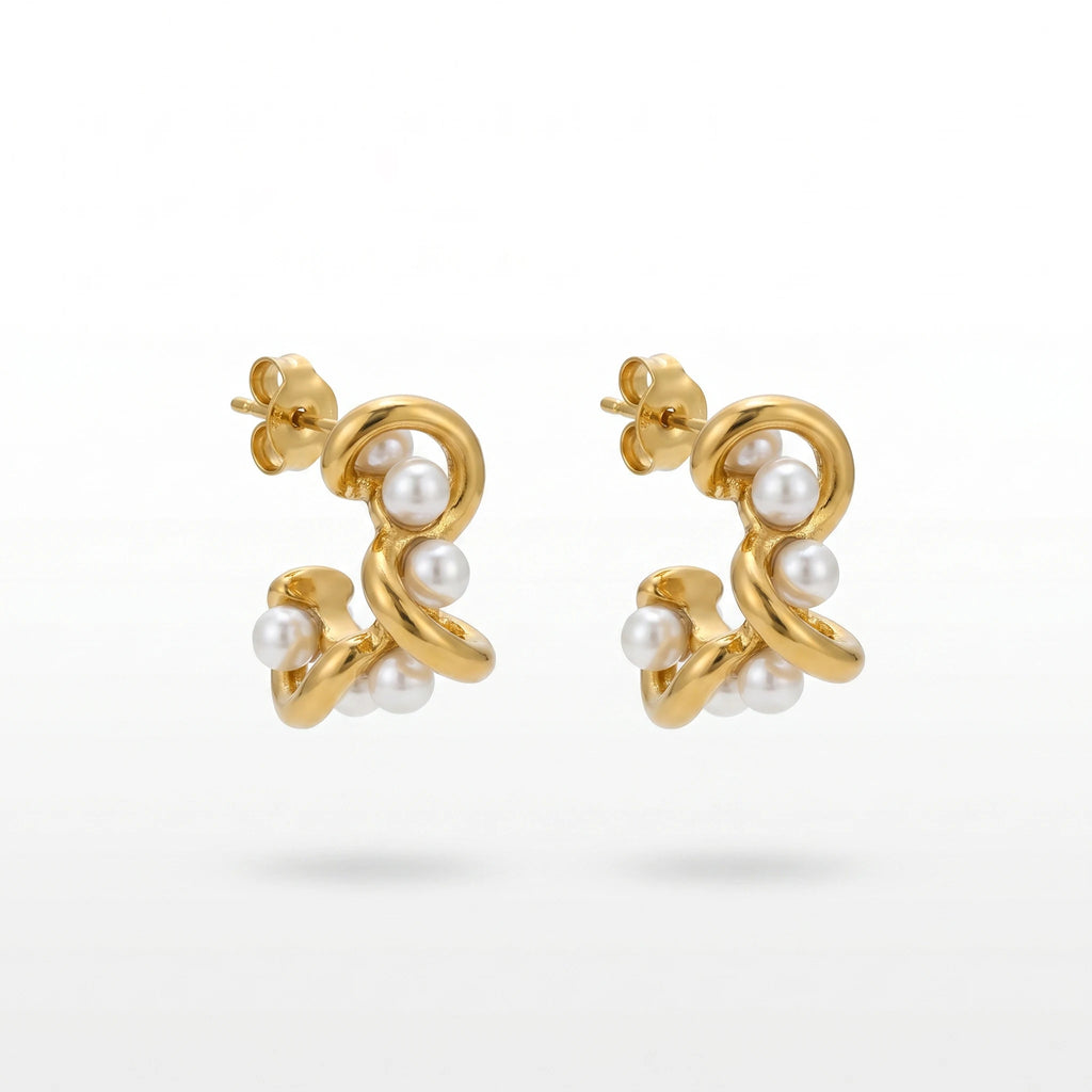 QIAOREN 12513  Twisted Pearl Hoop Earrings Gold Stainless Steel Spiral Entwined C Studs Statement Jewelry Women US