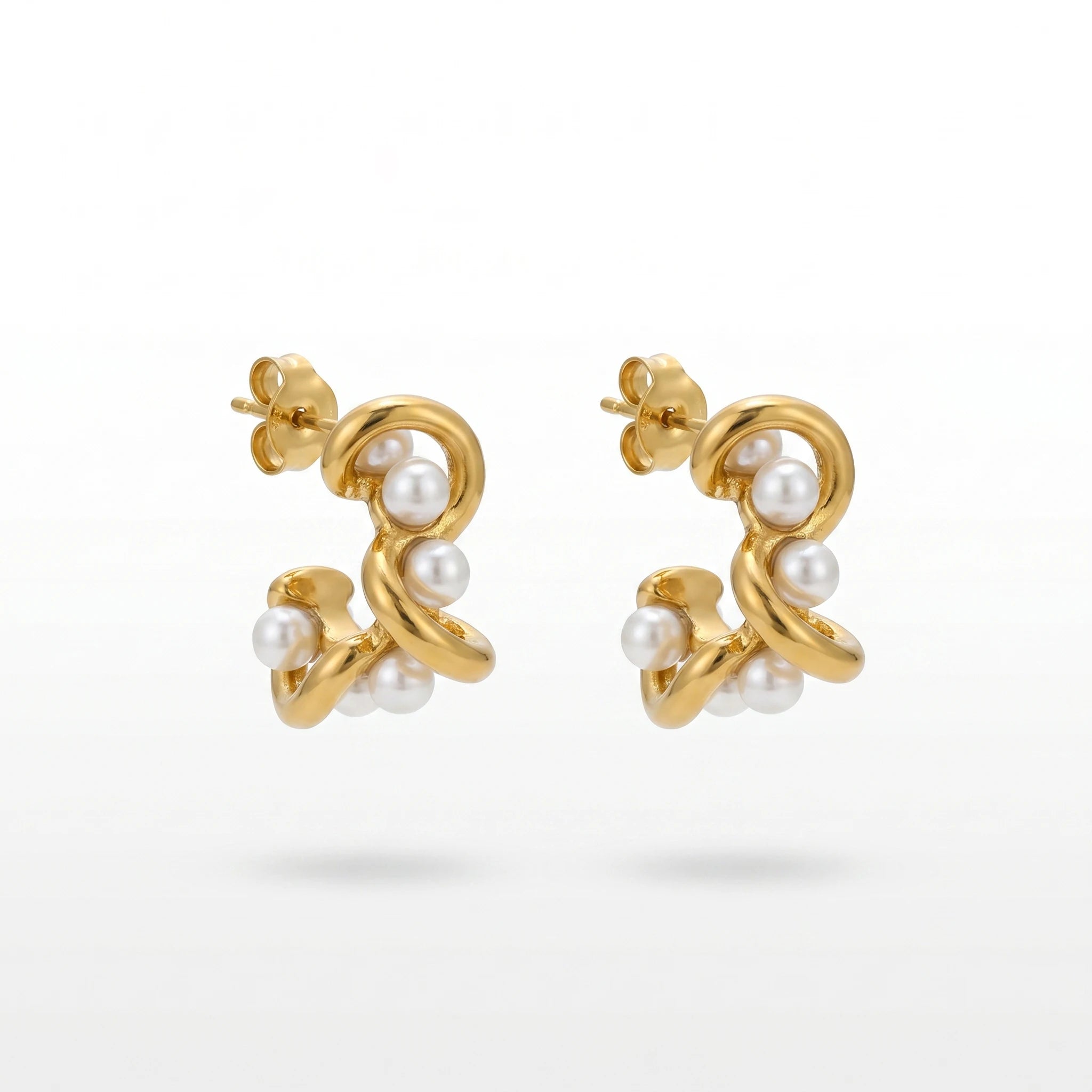 QIAOREN 12513  Twisted Pearl Hoop Earrings Gold Stainless Steel Spiral Entwined C Studs Statement Jewelry Women US