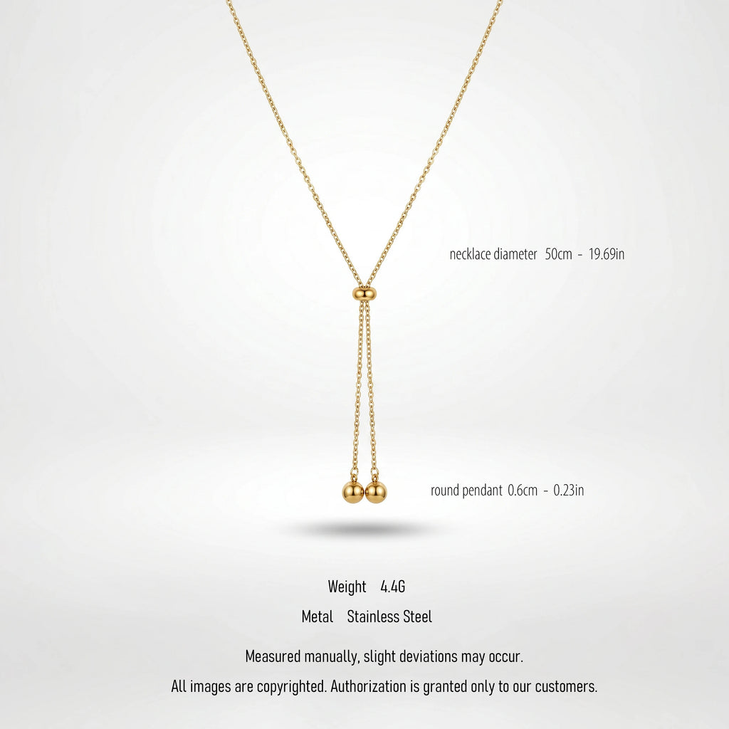 QIAOREN 10627 Trendy Adjustable Lariat Necklace Stainless Steel Gold Plated Geometric Ball Pendant for Women