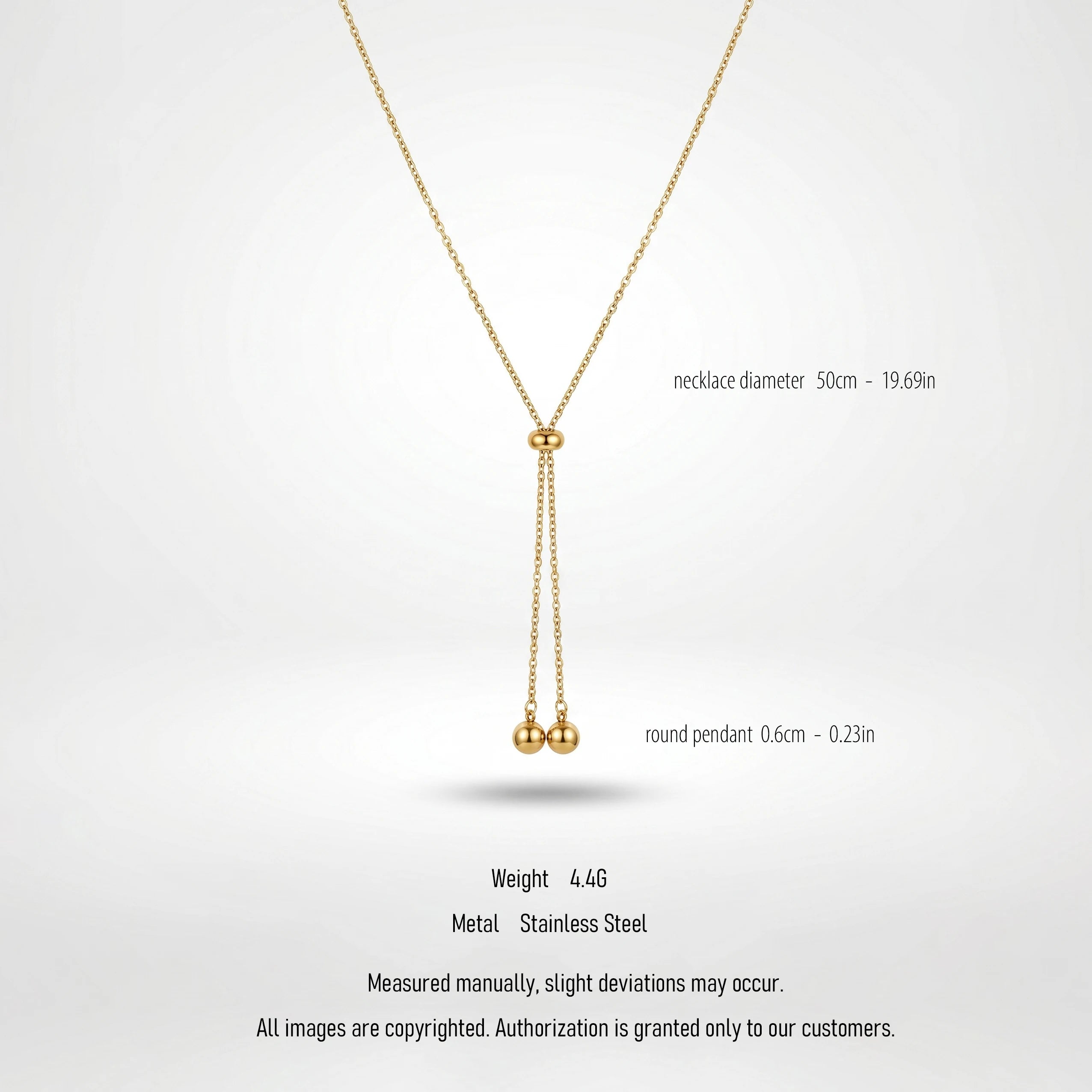 QIAOREN 10627 Trendy Adjustable Lariat Necklace Stainless Steel Gold Plated Geometric Ball Pendant for Women