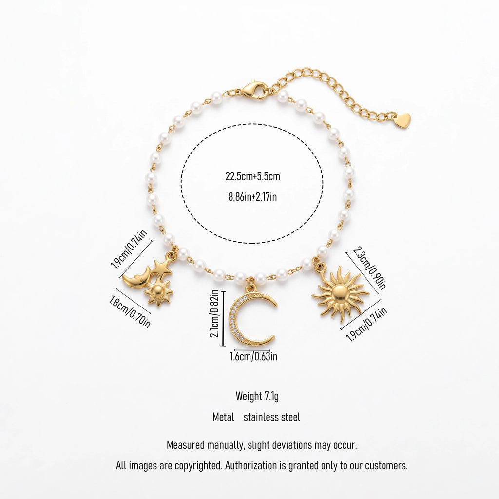 QIAOREN 13324 Celestial Pearl Anklet with Sun, Star & Rhinestone Moon Charms, Cosmic Trendy Foot Boho Daily Summer Looks