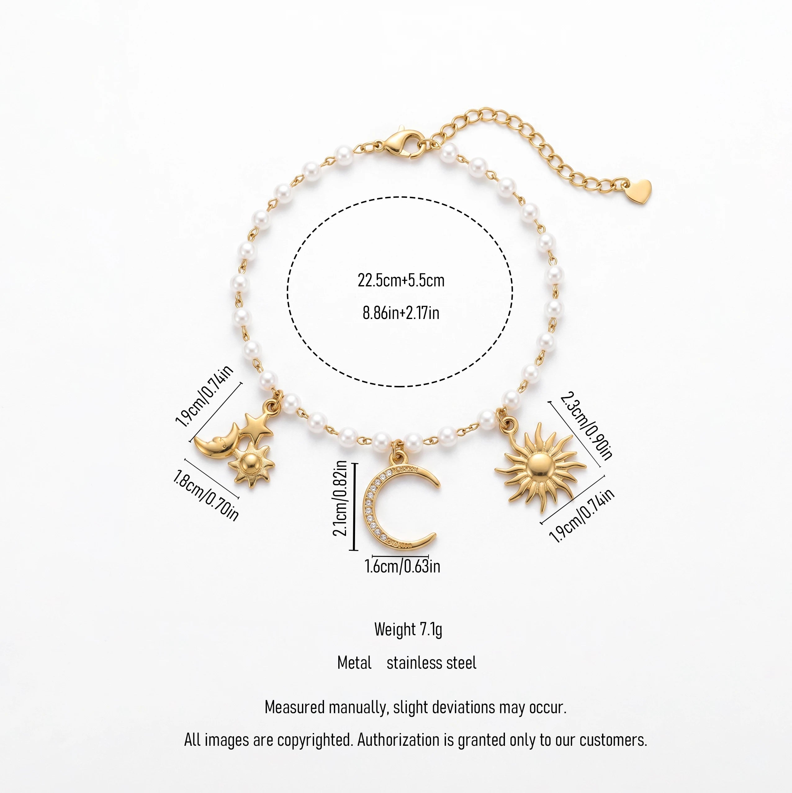 QIAOREN 13324 Celestial Pearl Anklet with Sun, Star & Rhinestone Moon Charms, Cosmic Trendy Foot Boho Daily Summer Looks