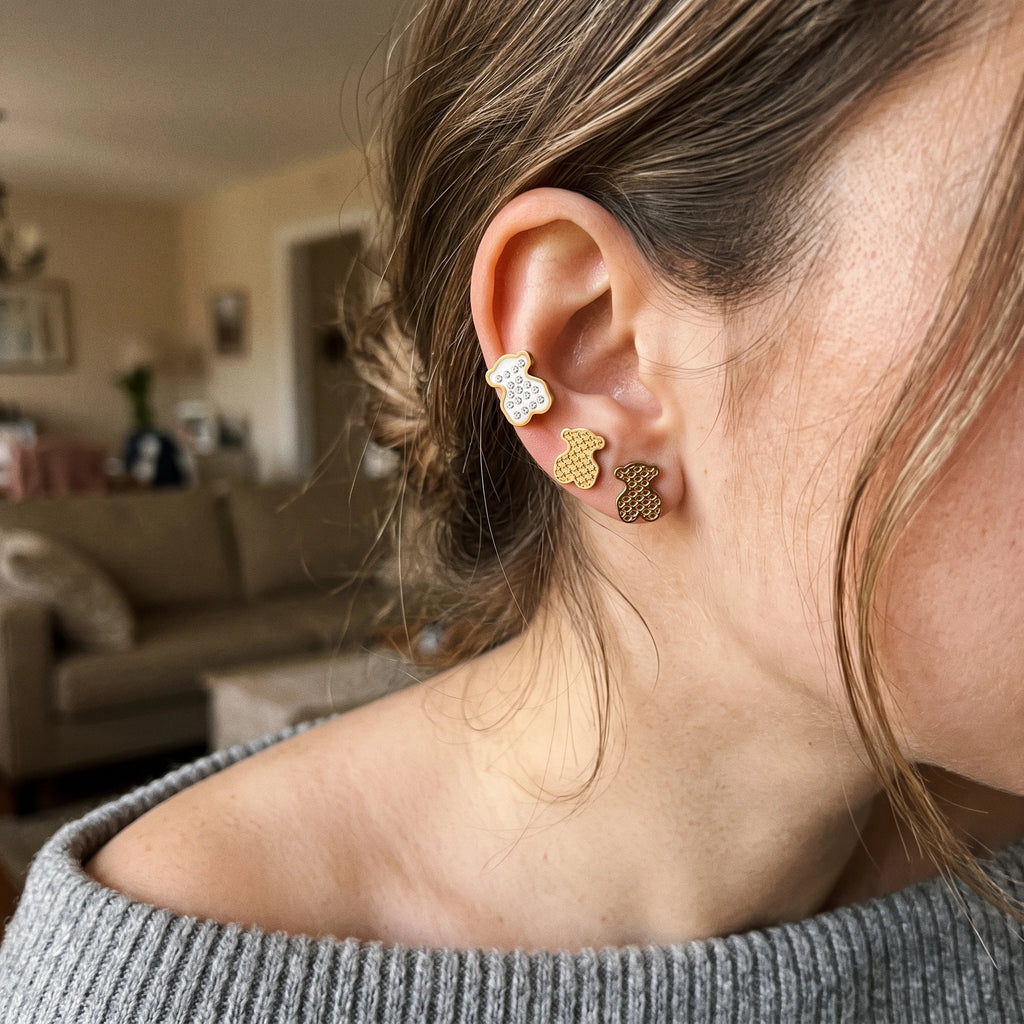 QIAOREN 14466 3 Pair Gold Stainless Steel Bear Stud Earrings, Paved CZ Enamel Bear & Honeycomb Textured Bear Earrings