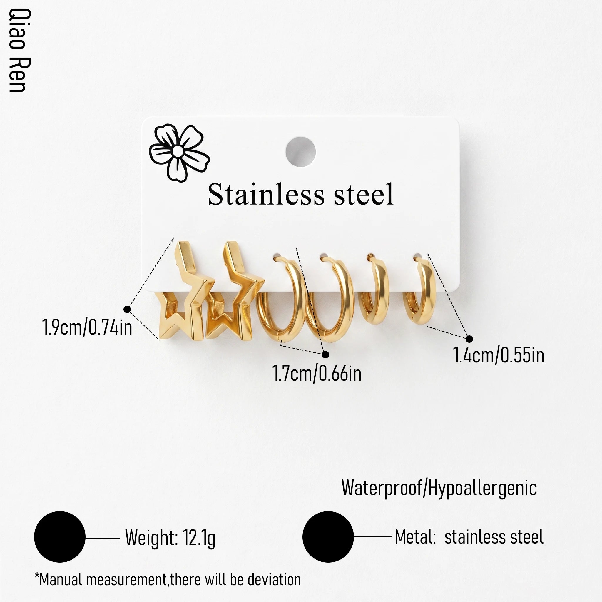 QIAOREN 14475 3 Pair Gold Stainless Steel Huggie Earring Set, Star Shape Hoops, Thick Round Hoops & Slim Round Hoops Jewelry