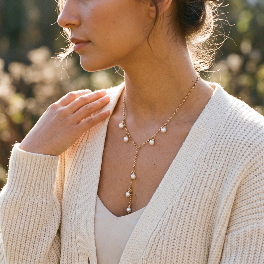QIAOREN 11345 Dainty Delicate Pearl Drop Y Necklace 18K Gold Plated Stainless Steel Everyday Casual Wear Jewelry