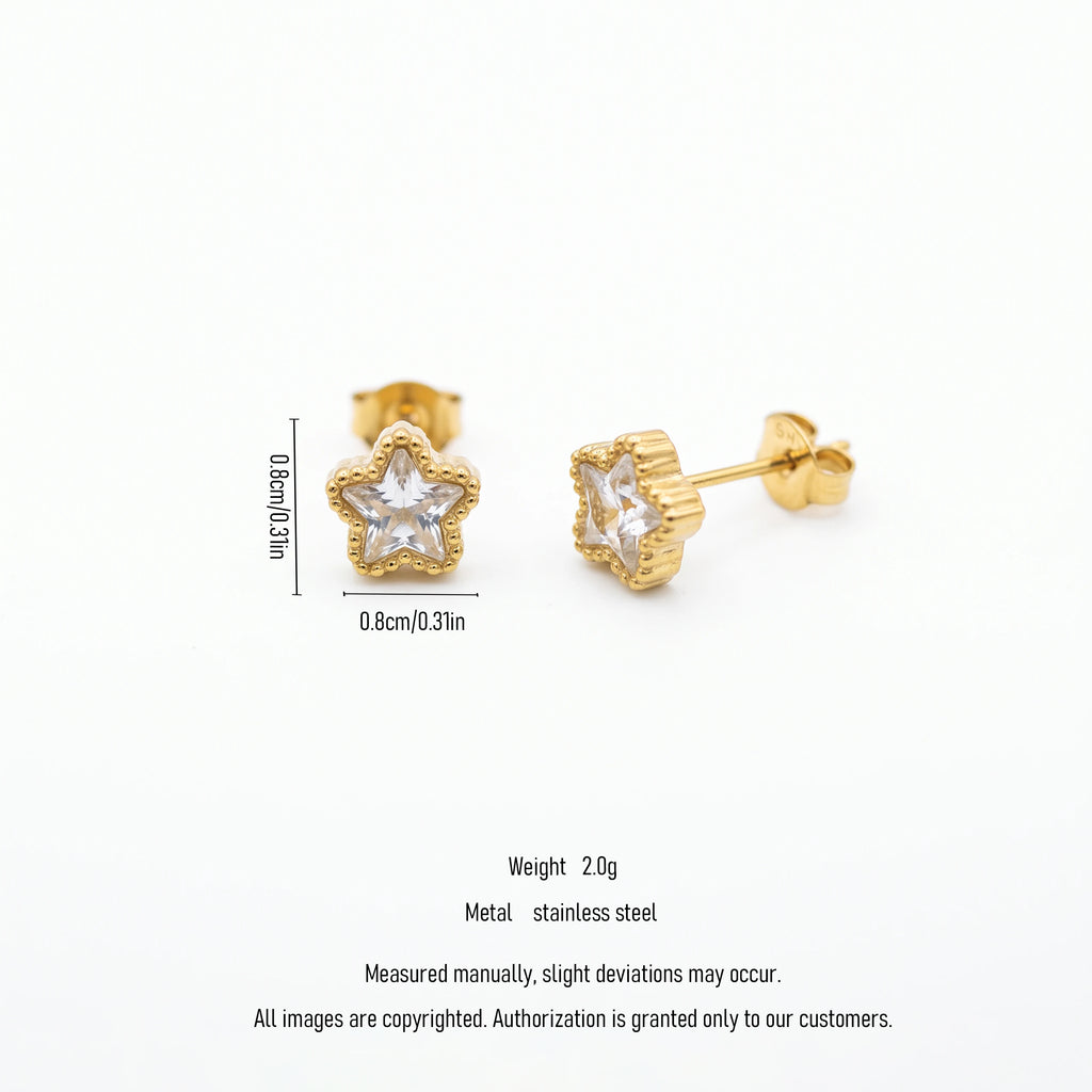 QIAOREN 13443 Gold Tone Beaded Frame Star Crystal Stud Earrings Minimal Sparkly Clear Zircon Tiny Star Jewelry Gift