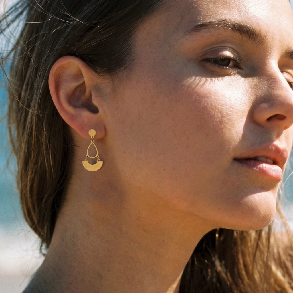 QIAOREN11862 Trendy Boho Geometric Teardrop Semi-Circle Dangle Earrings Stainless Steel Gold Layered Drop Jewelry for Women US