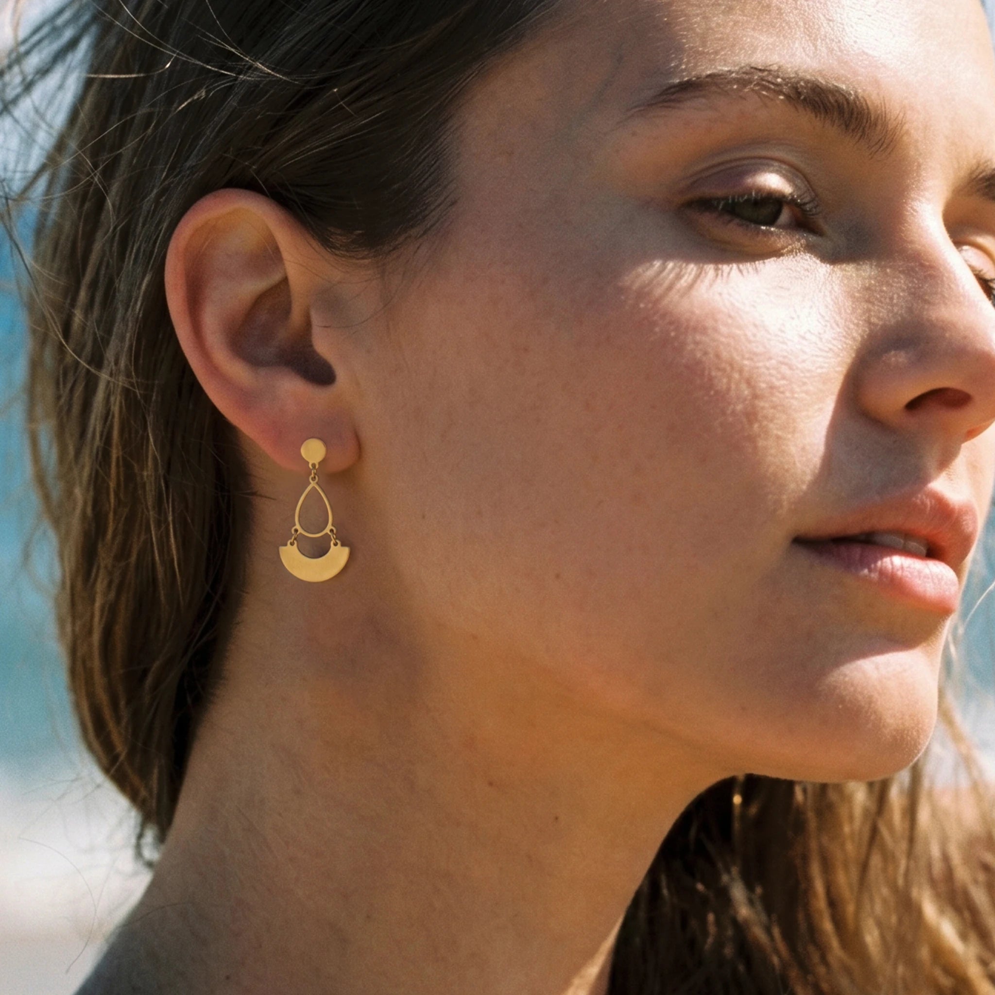 QIAOREN11862 Trendy Boho Geometric Teardrop Semi-Circle Dangle Earrings Stainless Steel Gold Layered Drop Jewelry for Women US