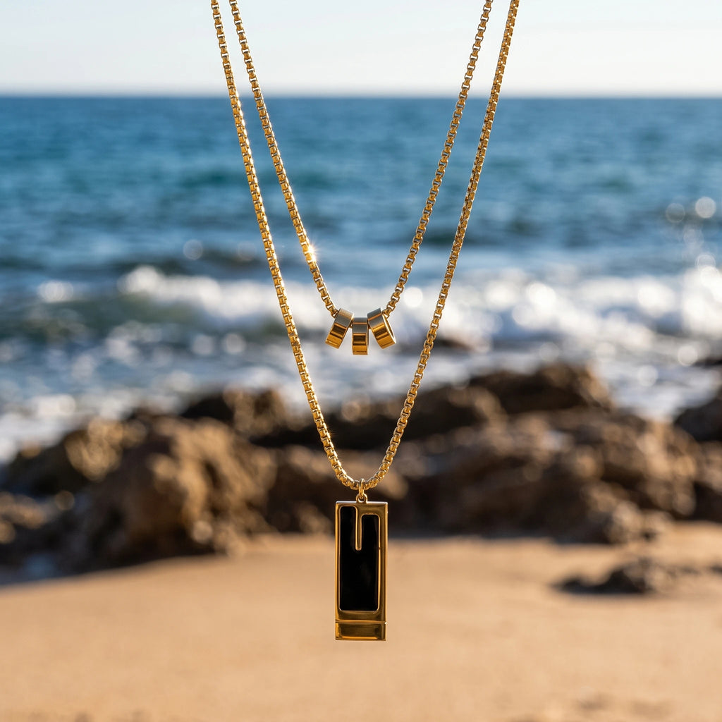 QIAOREN 13990 Double Layer Box Chain Stacked Necklace with Three Tube Beads and Rectangular Bar Pendant Inlaid Black Enamel