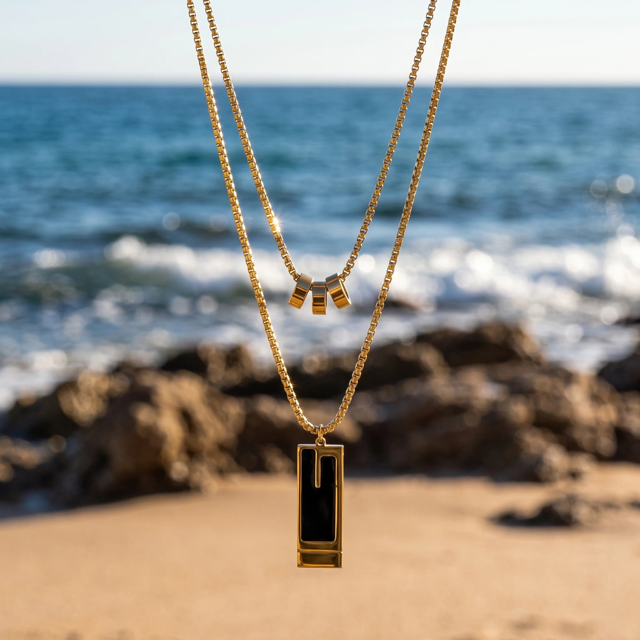 QIAOREN 13990 Double Layer Box Chain Stacked Necklace with Three Tube Beads and Rectangular Bar Pendant Inlaid Black Enamel