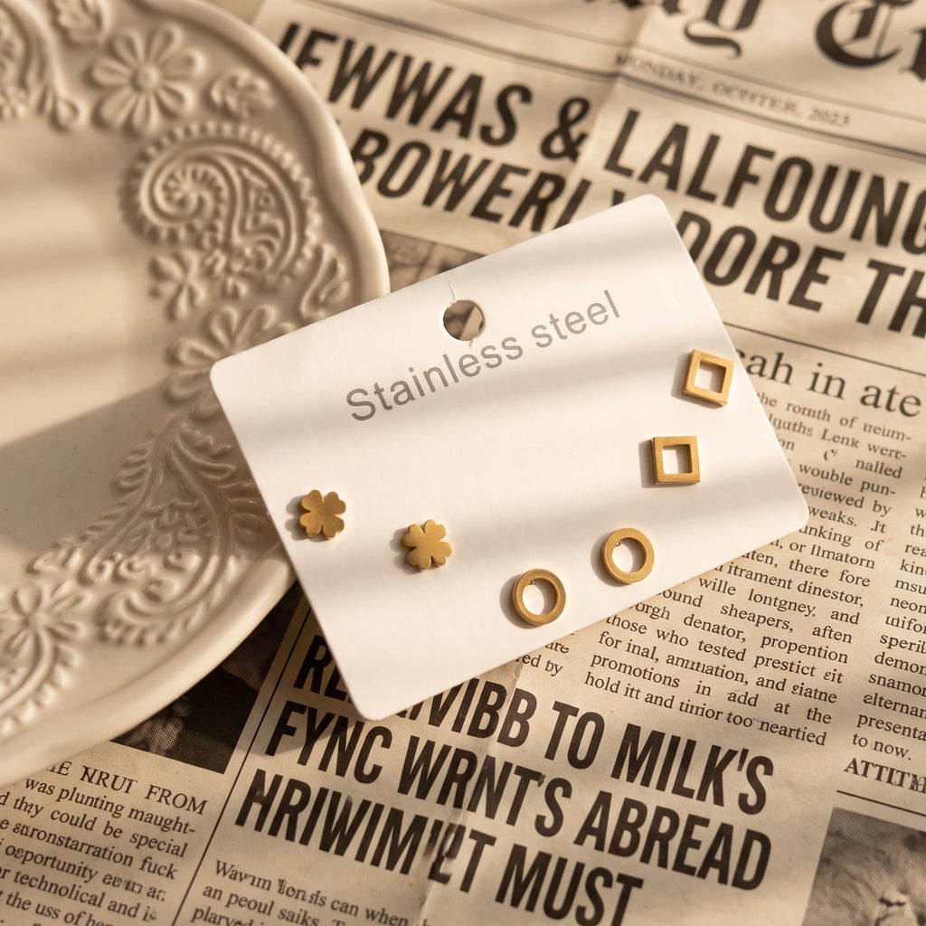 QIAOREN 14494 3 Pcs Clover Geometric Stainless Steel Hollow Circle Square Tiny Stud Earrings Set, Mini Cartilage Earrings