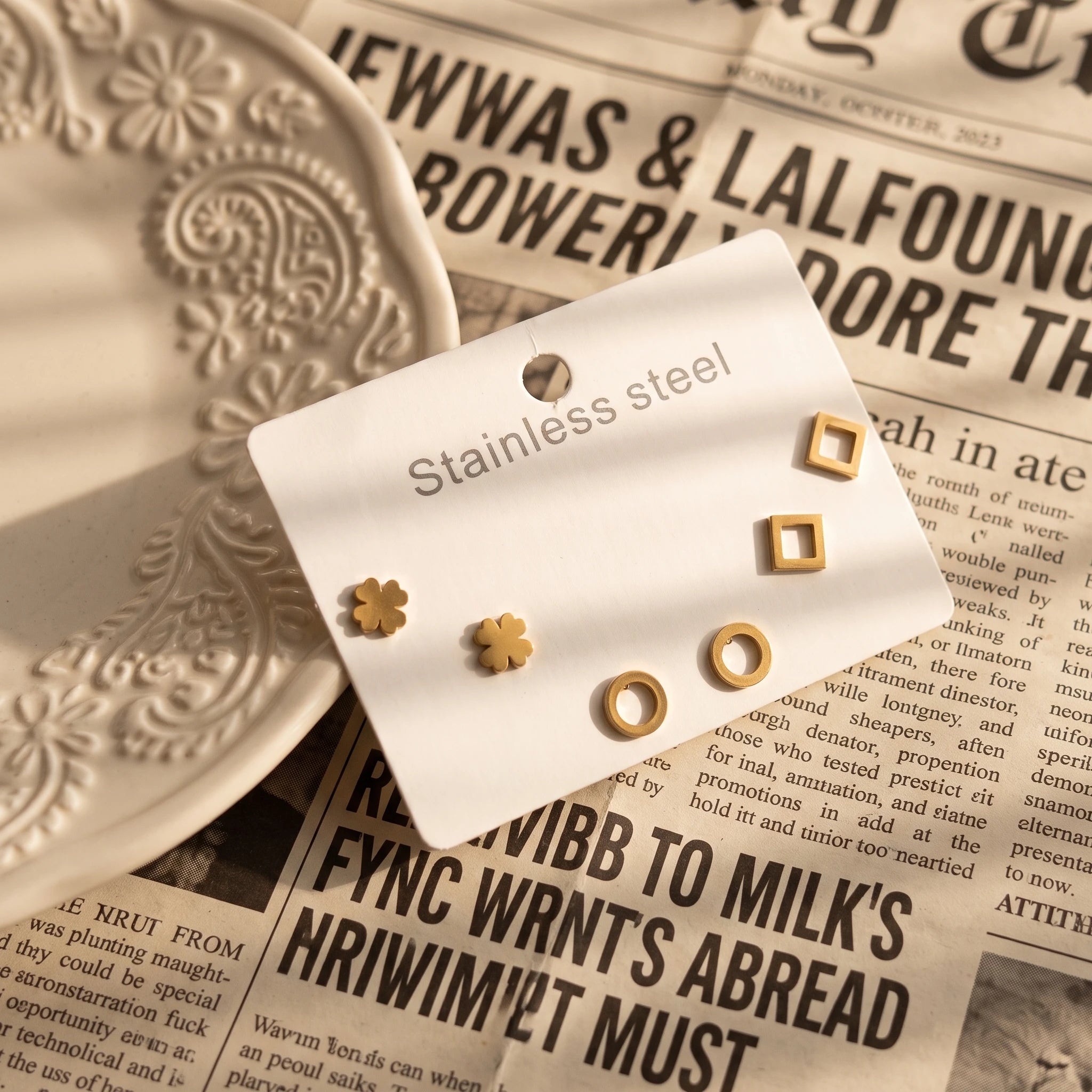QIAOREN 14494 3 Pcs Clover Geometric Stainless Steel Hollow Circle Square Tiny Stud Earrings Set, Mini Cartilage Earrings