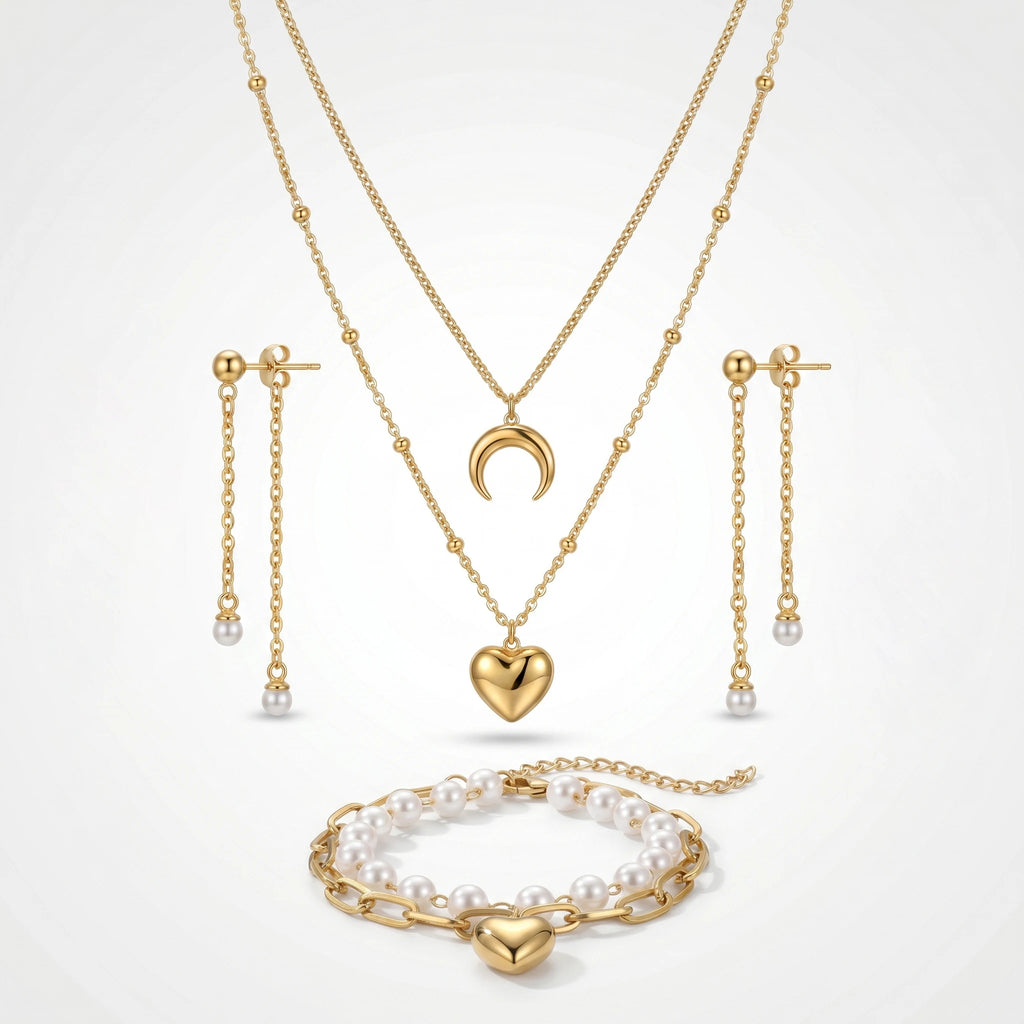 QIAOREN 11540 Romantic Pearl Tassel Moon Heart Jewelry Set 18K Gold Plated Stainless Steel for Women