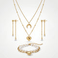 QIAOREN 11540 Romantic Pearl Tassel Moon Heart Jewelry Set 18K Gold Plated Stainless Steel for Women