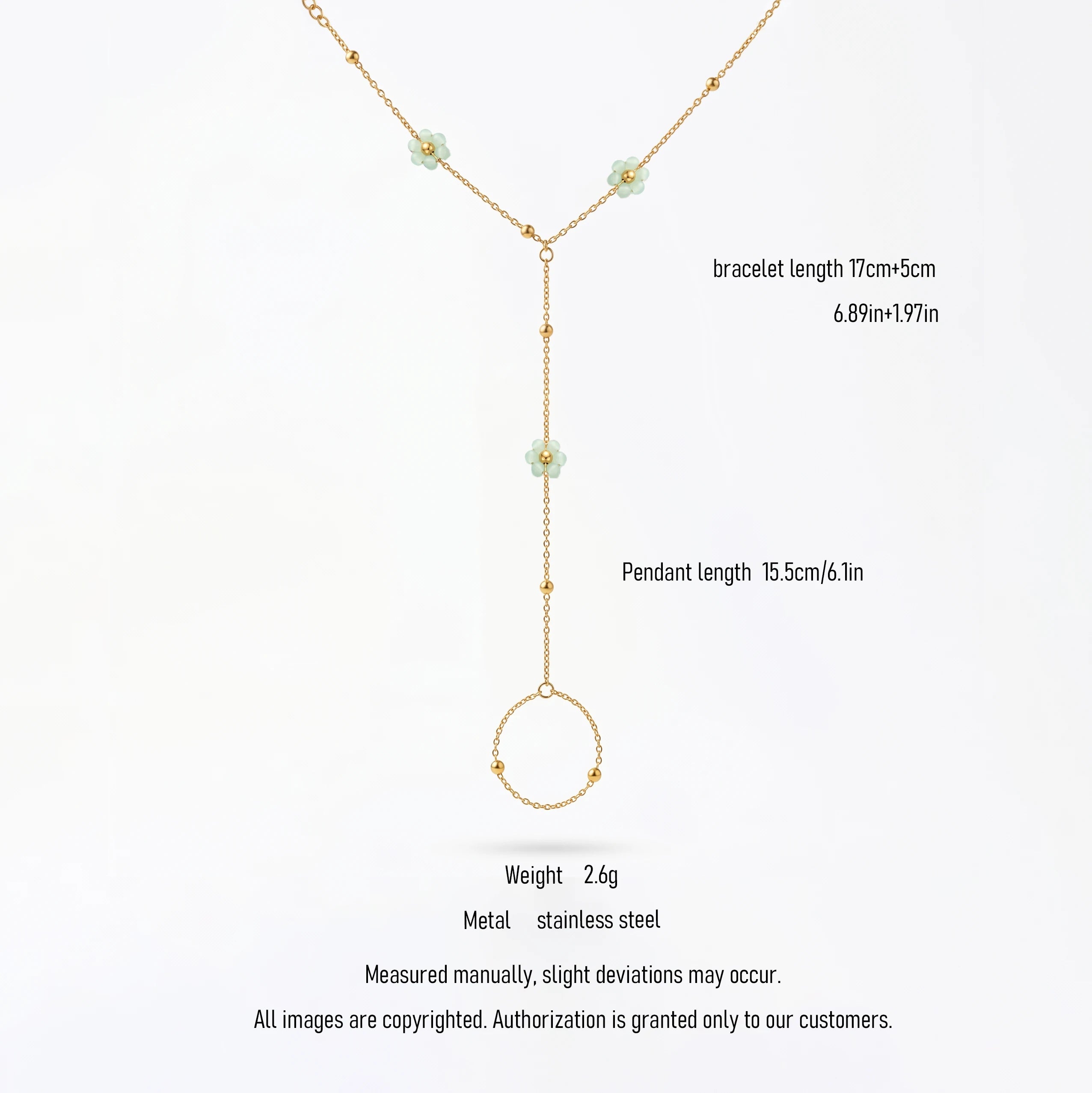 QIAOREN 10762 Waterproof Stainless Steel Daisy Slave Bracelet Gold Plated Hand Chain Ring for Women Vacation Wear