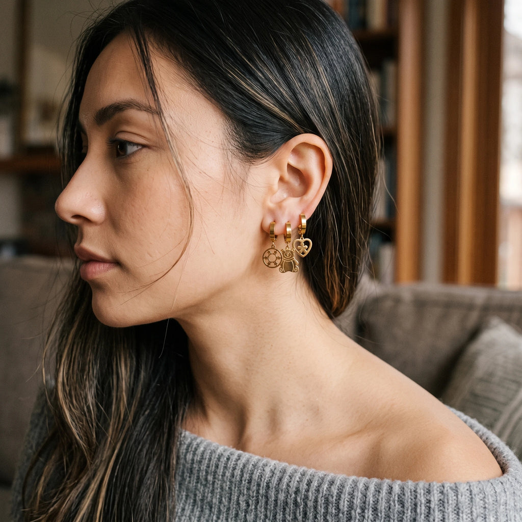 QIAOREN 14479 6 Pair Gold Stainless Steel Huggie Hoop Earrings Set, Bear & Floral Cutout Disc Dangle Drop Earrings