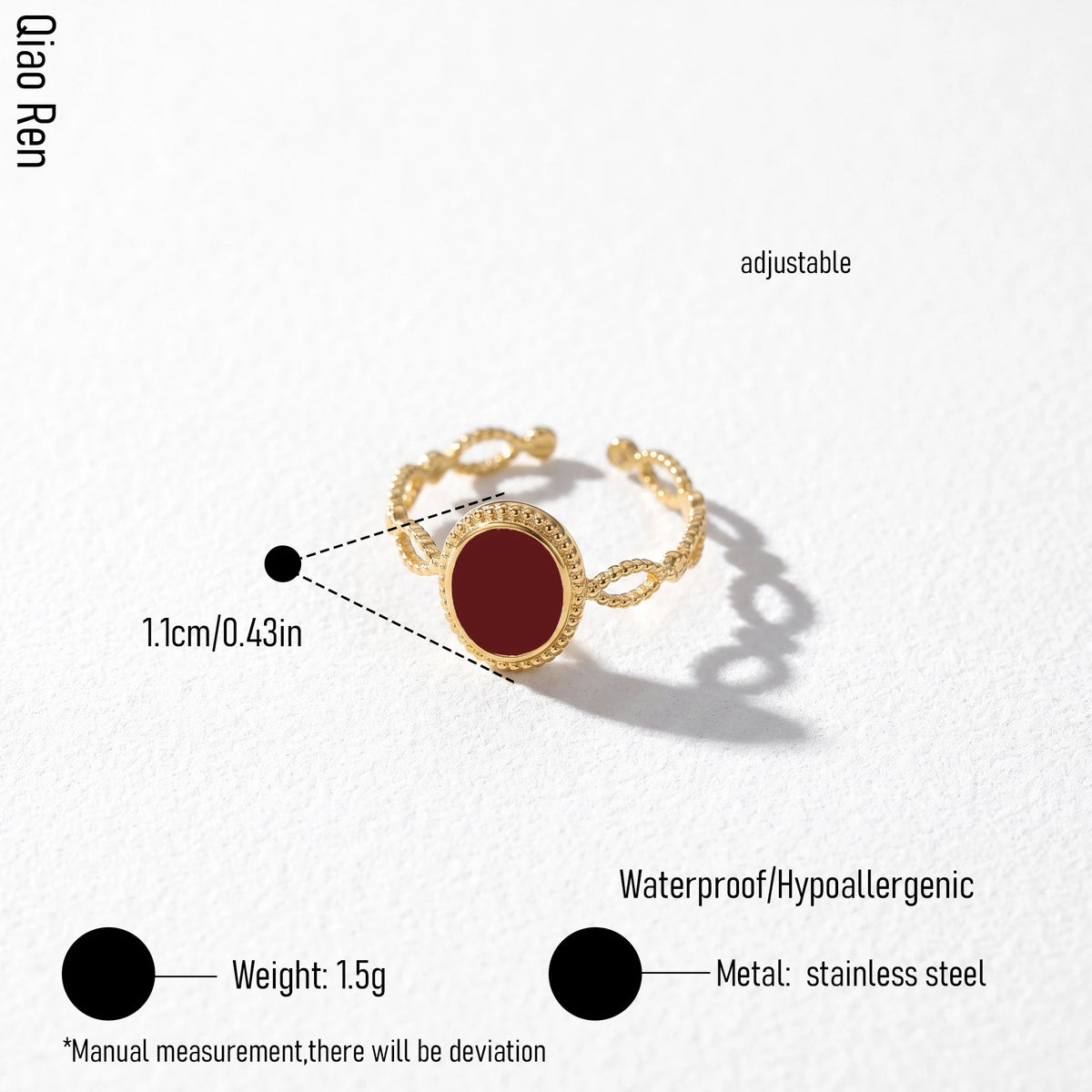 QIAOREN 14202-06 Burgundy Enamel Sunburst Open Ring Set, Vintage Carved Oval Adjustable Stackable Ring Jewelry Gift