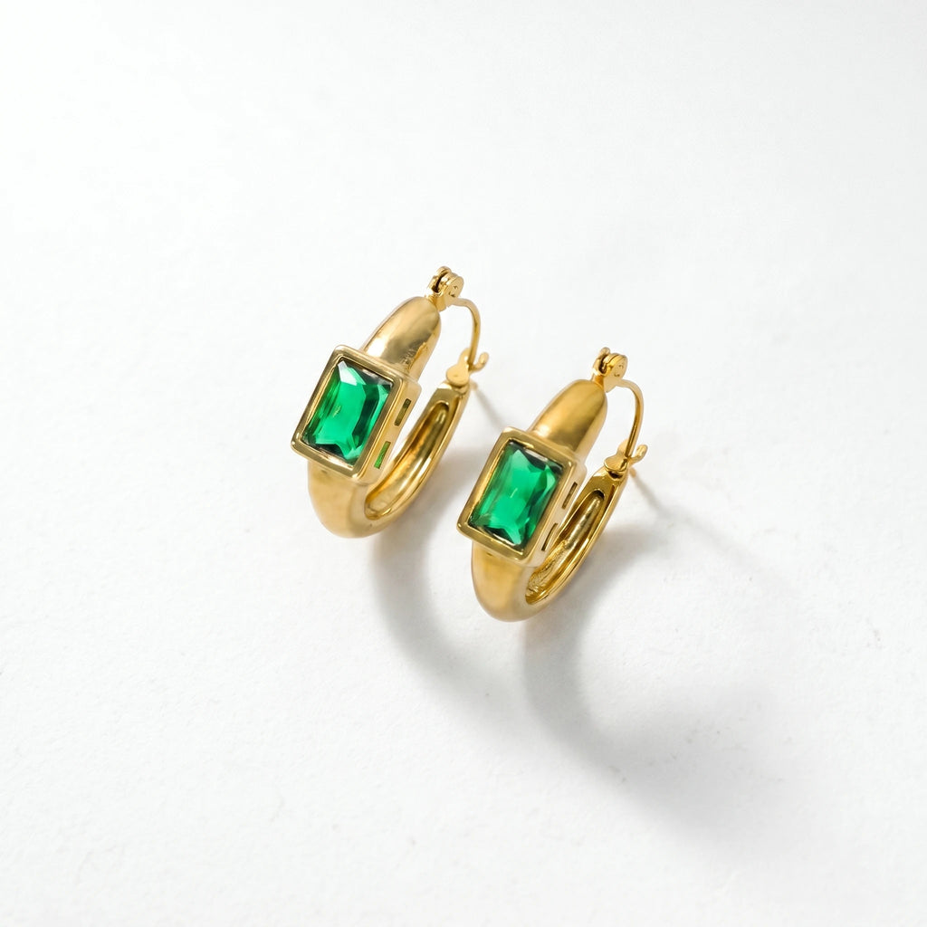 QIAOREN 12432  Emerald Green Hoop Earrings Gold Stainless Steel Bezel Set Rectangular CZ Huggie Hoops US EU